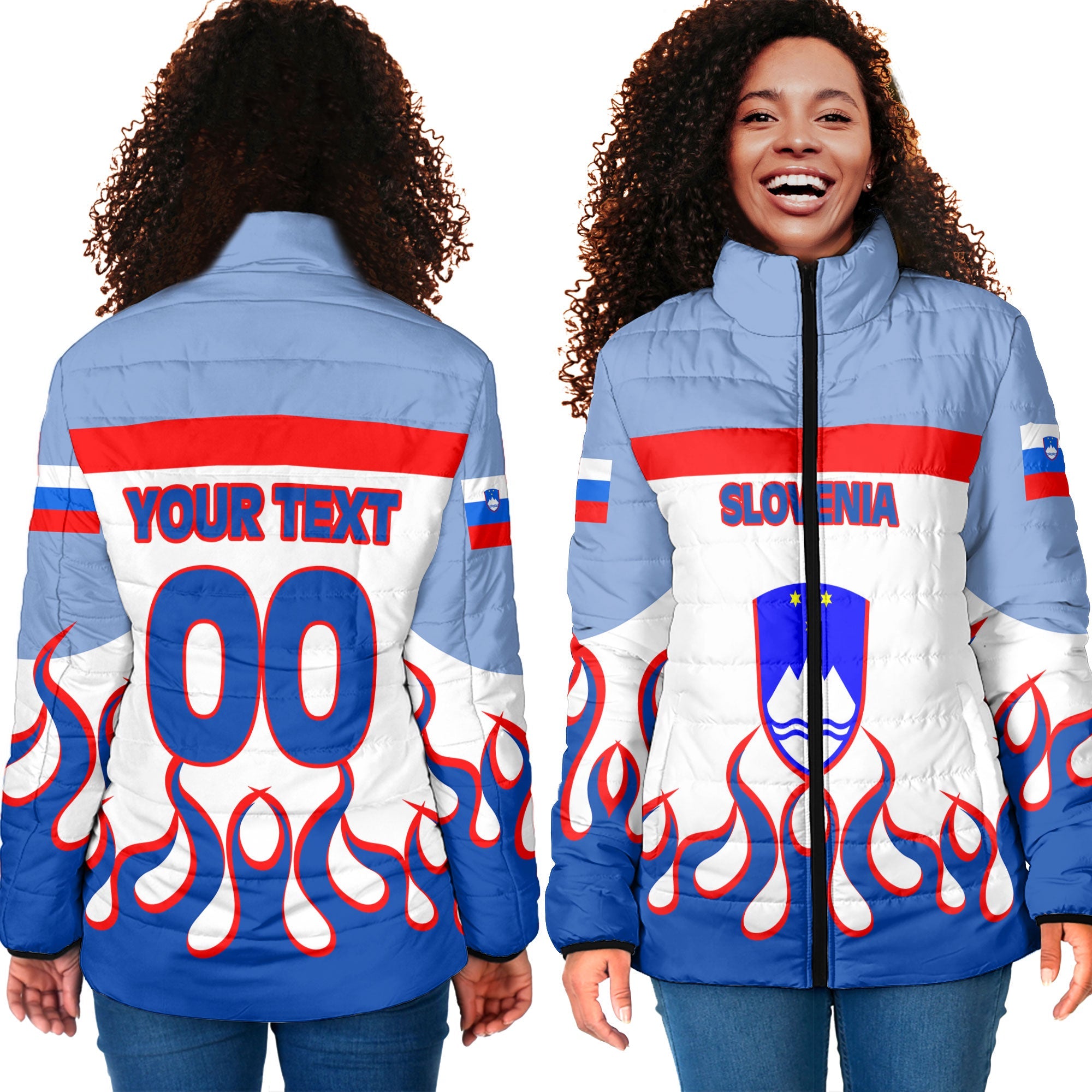 Slovenia Women Padded Jacket Flag & Coat Of Arms Fire Hockey Style