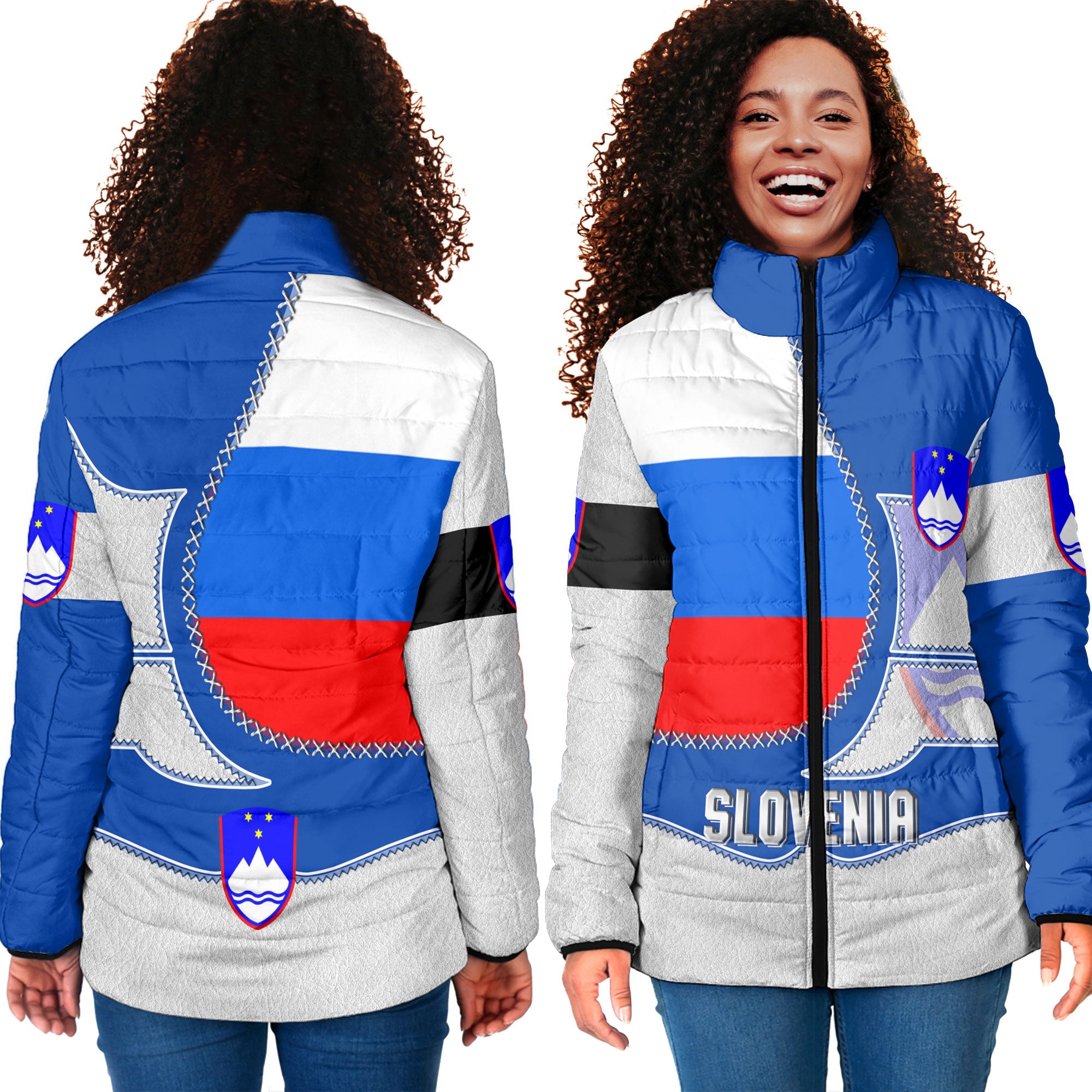 Slovenia Women Padded Jacket Flag & Coat Of Arms Leather Style