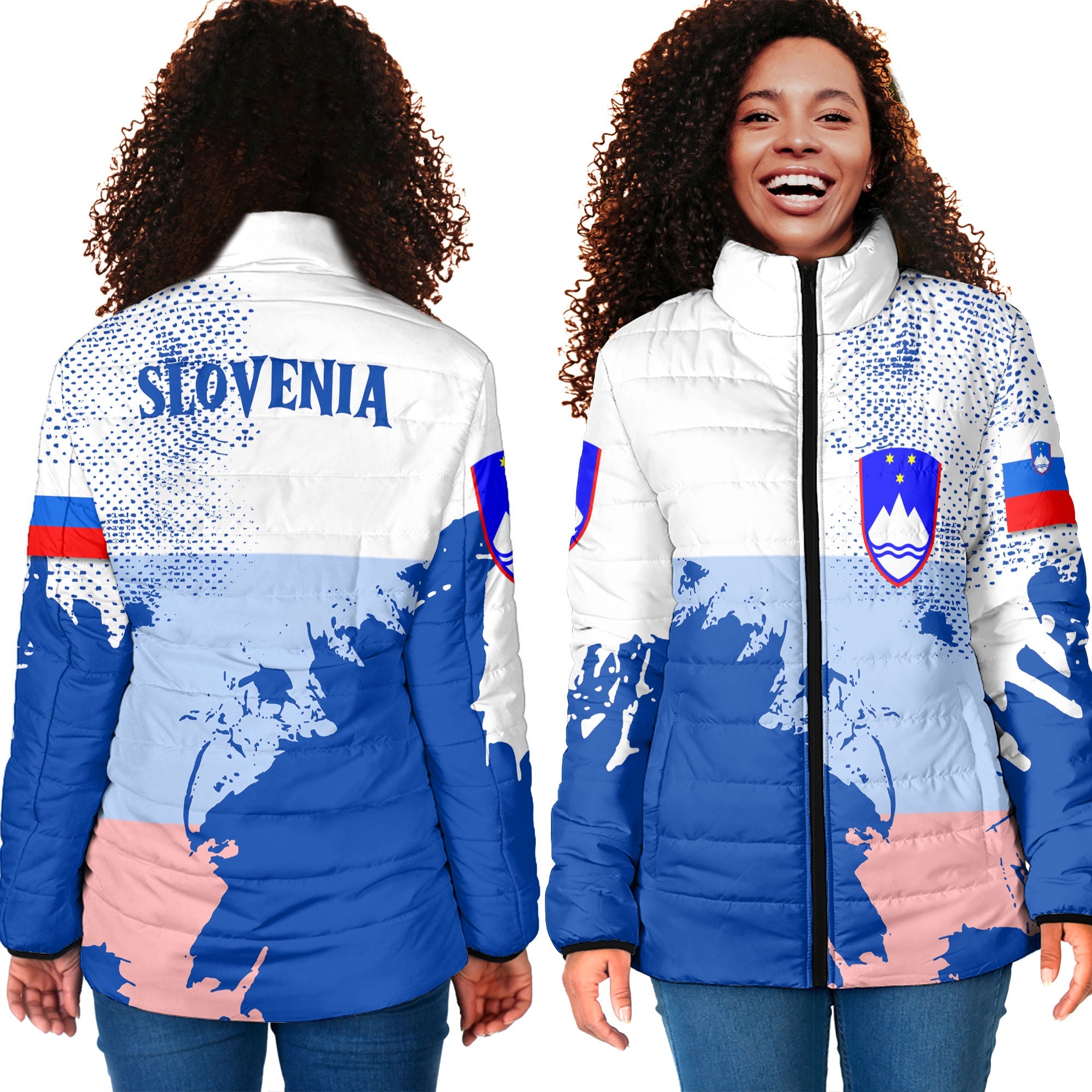 Slovenia Women Padded Jacket Flag & Coat Of Arms Paint Style