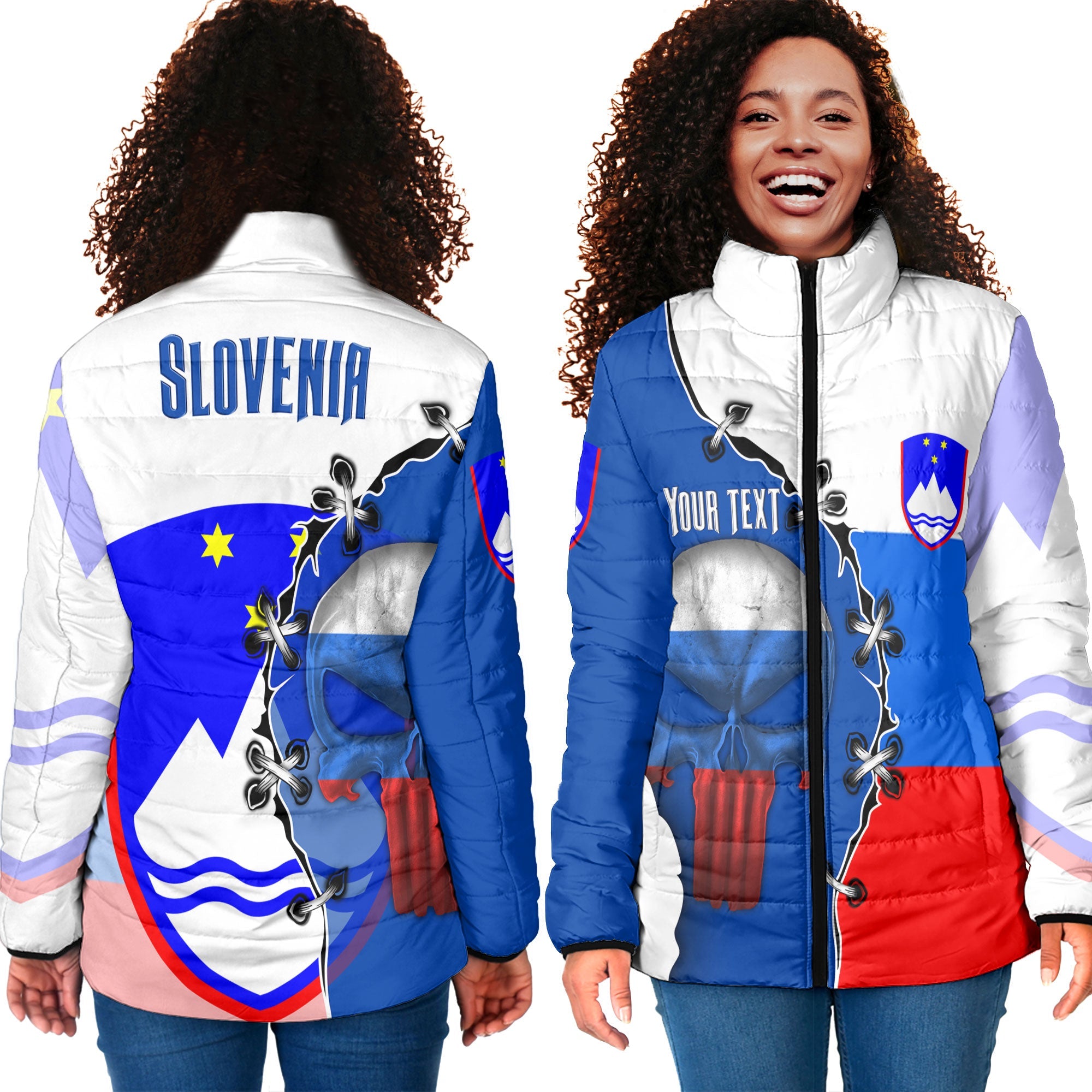 Slovenia Women Padded Jacket Flag & Coat Of Arms Skull Style