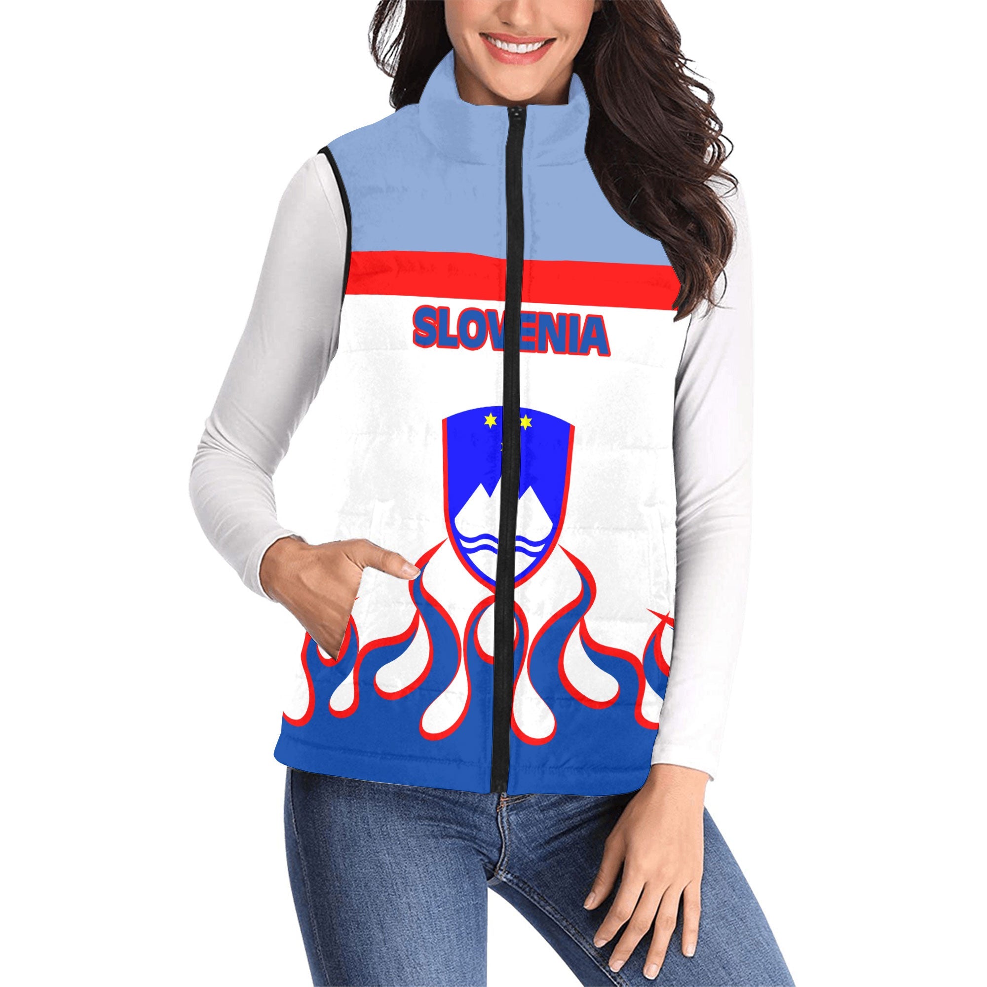 Slovenia Women Padded Jacket Vest Flag & Coat Of Arms Fire Hockey Style