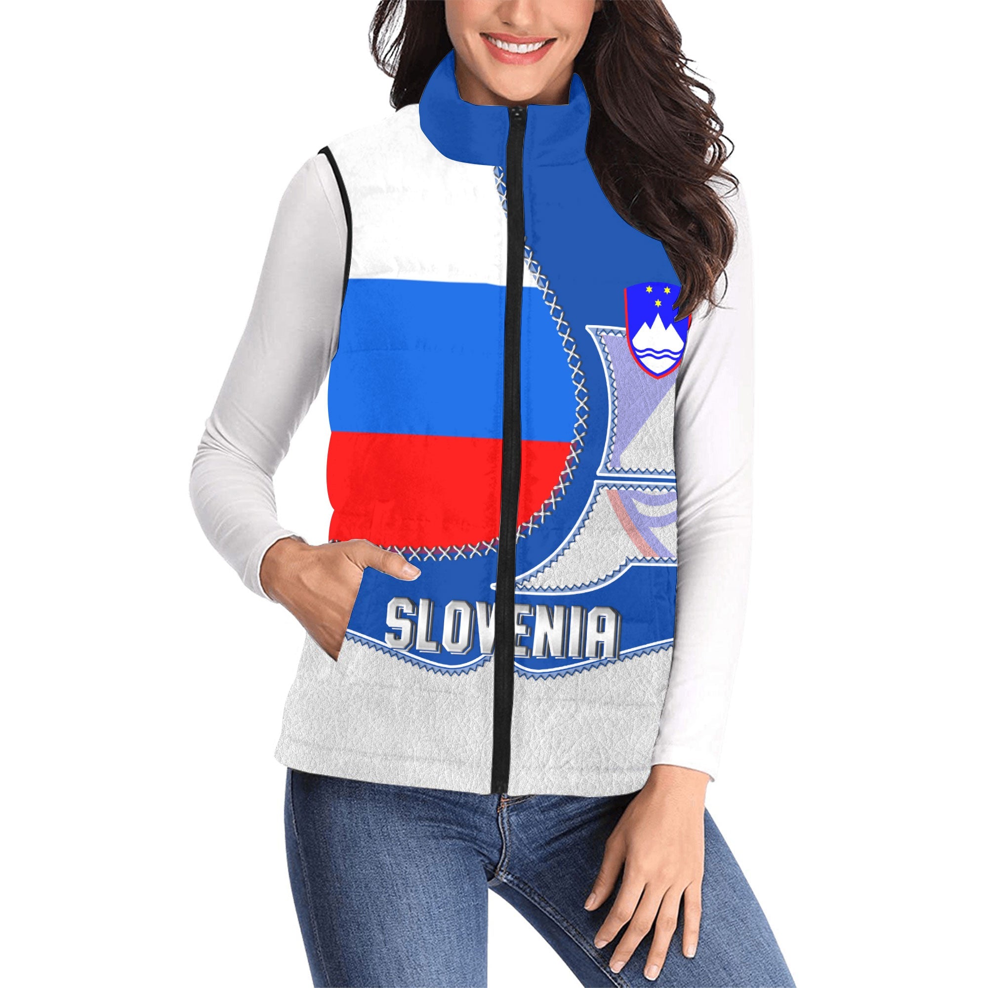 Slovenia Women Padded Jacket Vest Flag & Coat Of Arms Leather Style