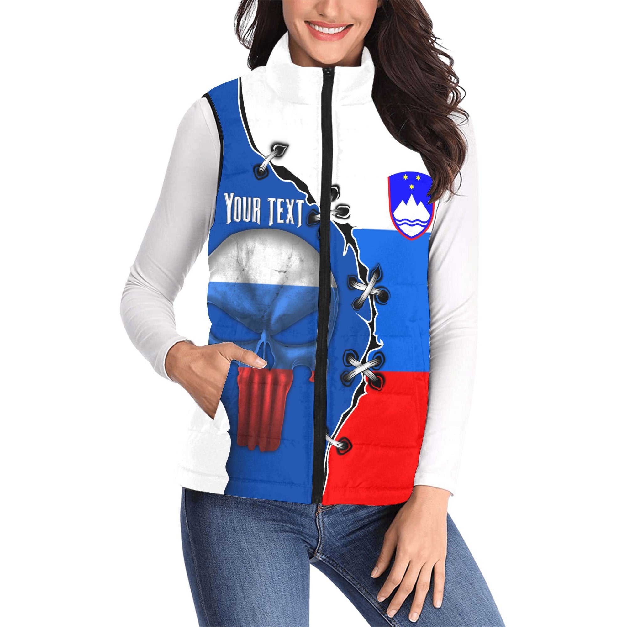 Slovenia Women Padded Jacket Vest Flag & Coat Of Arms Skull Style