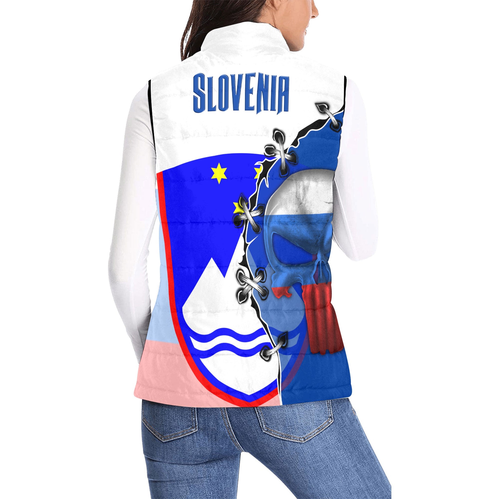 Slovenia Women Padded Jacket Vest Flag & Coat Of Arms Skull Style