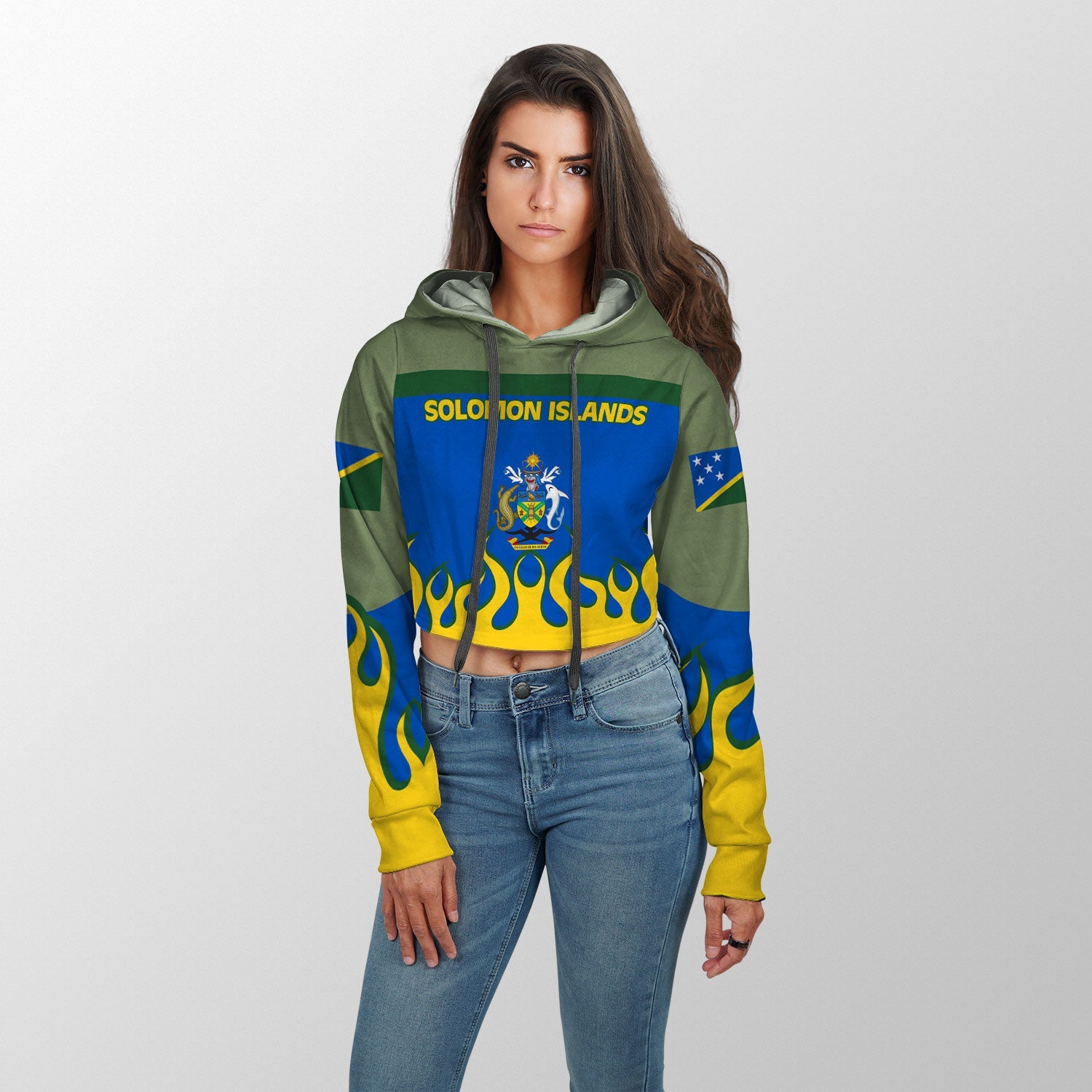 Solomon Islands Crop Hoodie Flag & Coat Of Arms Fire Hockey Style