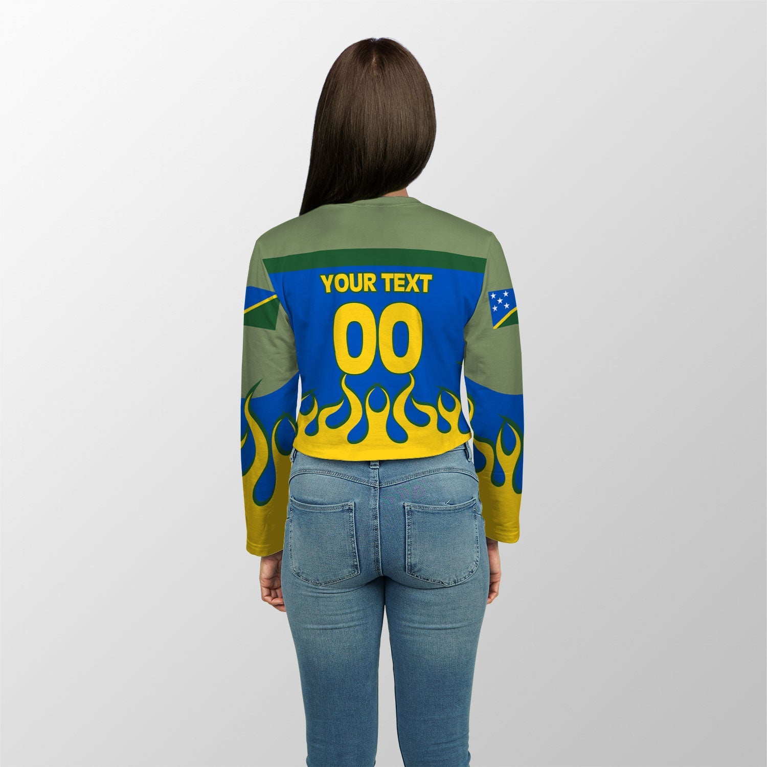 Solomon Islands Crop Top Long TShirt Flag & Coat Of Arms Fire Hockey Style