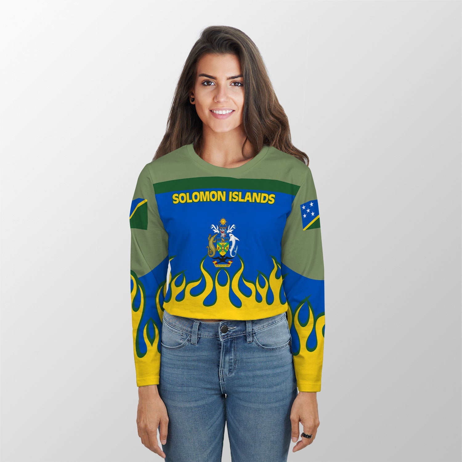 Solomon Islands Crop Top Long TShirt Flag & Coat Of Arms Fire Hockey Style