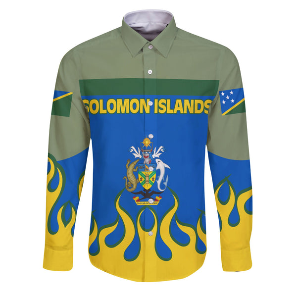 Solomon Islands Long Sleeve Button Shirt Flag & Coat Of Arms Fire Hockey Style