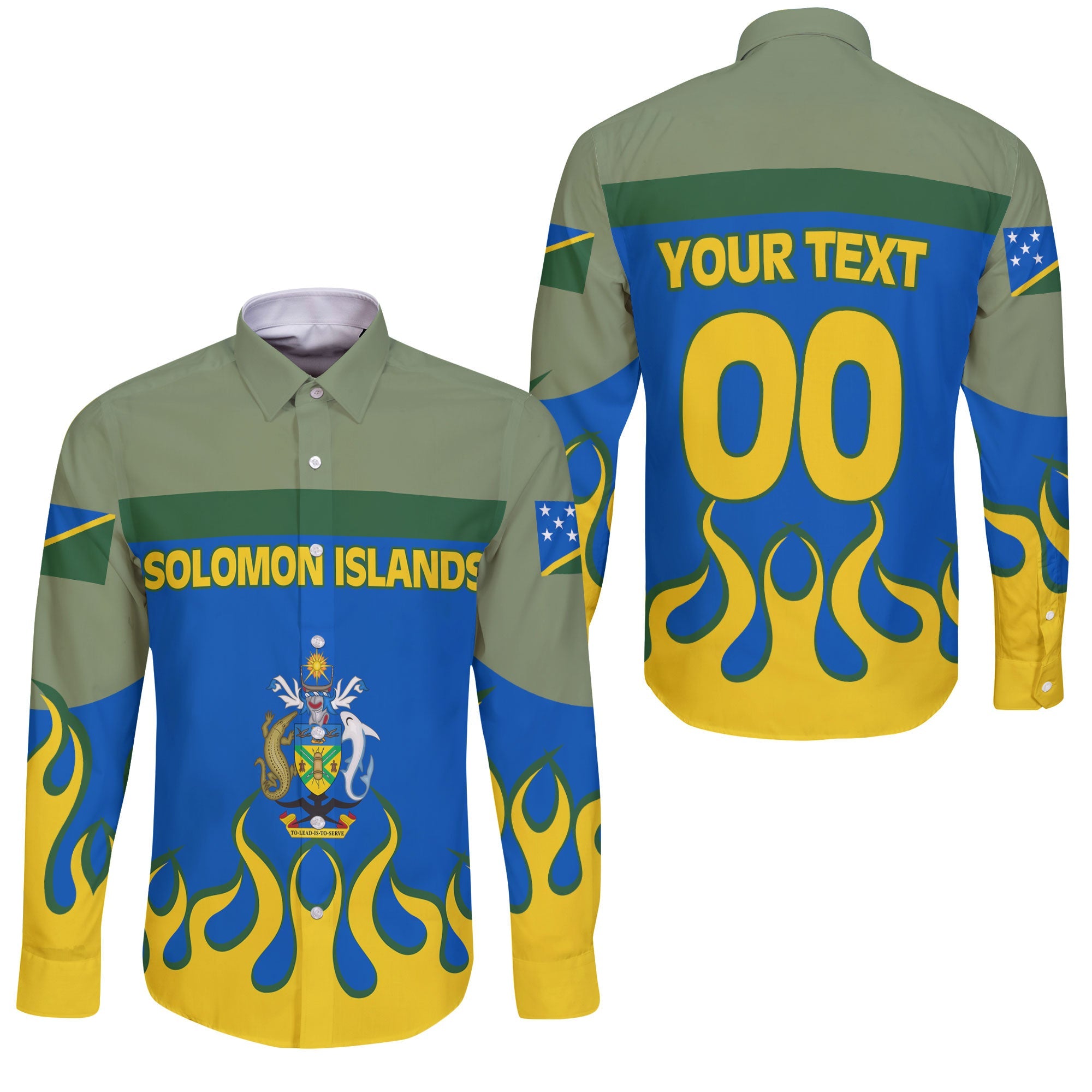 Solomon Islands Long Sleeve Button Shirt Flag & Coat Of Arms Fire Hockey Style