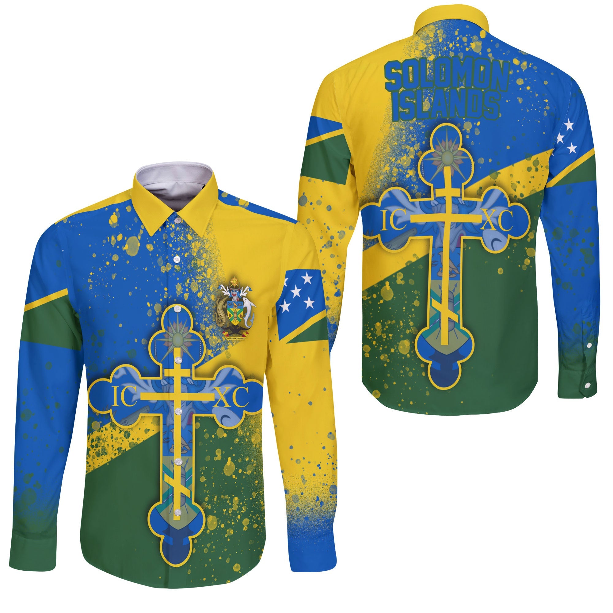 Solomon Islands Long Sleeve Button Shirt Flag & Coat Of Arms Orthodox Style