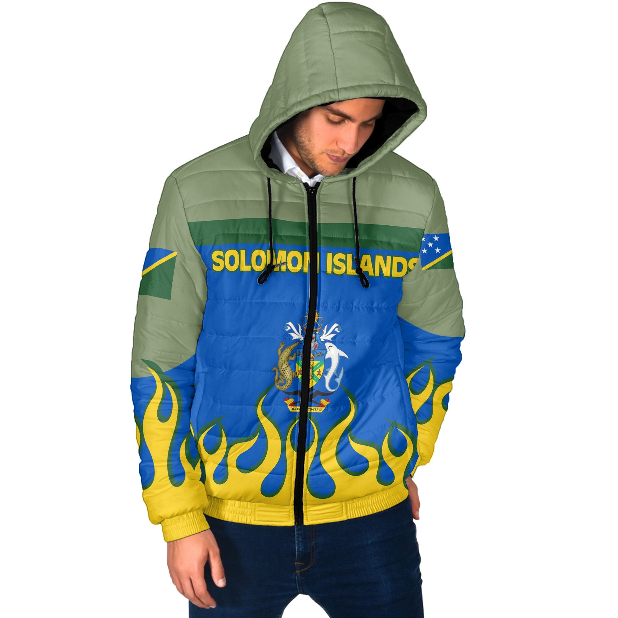 Solomon Islands Men Hooded Padded Jacket Flag & Coat Of Arms Fire Hockey Style