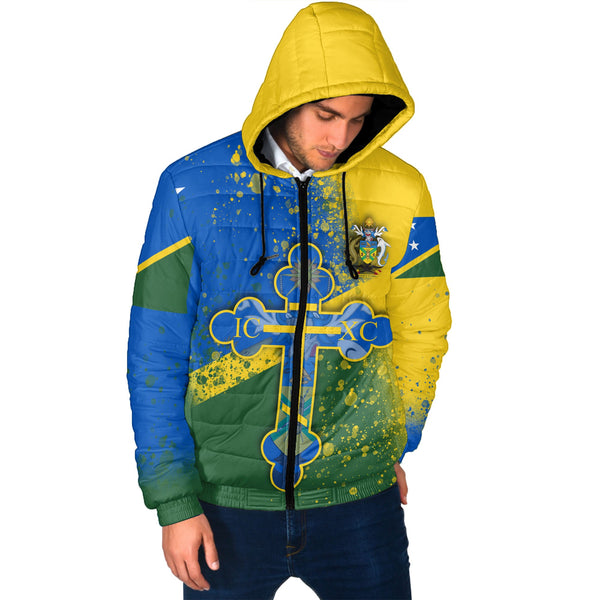 Solomon Islands Men Hooded Padded Jacket Flag & Coat Of Arms Orthodox Style