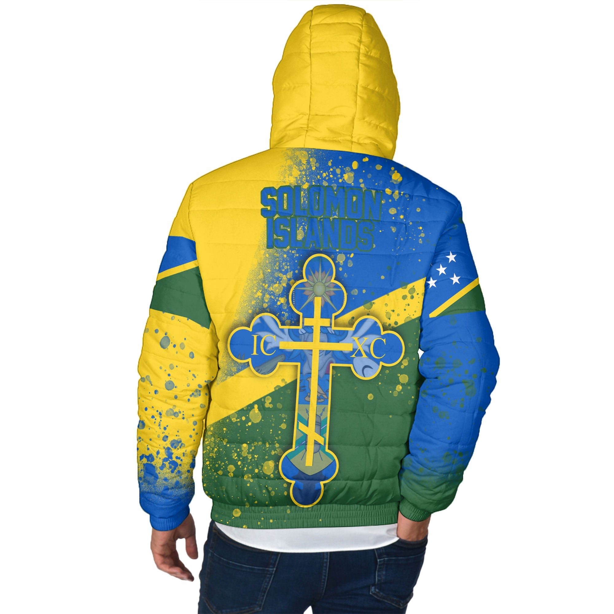 Solomon Islands Men Hooded Padded Jacket Flag & Coat Of Arms Orthodox Style