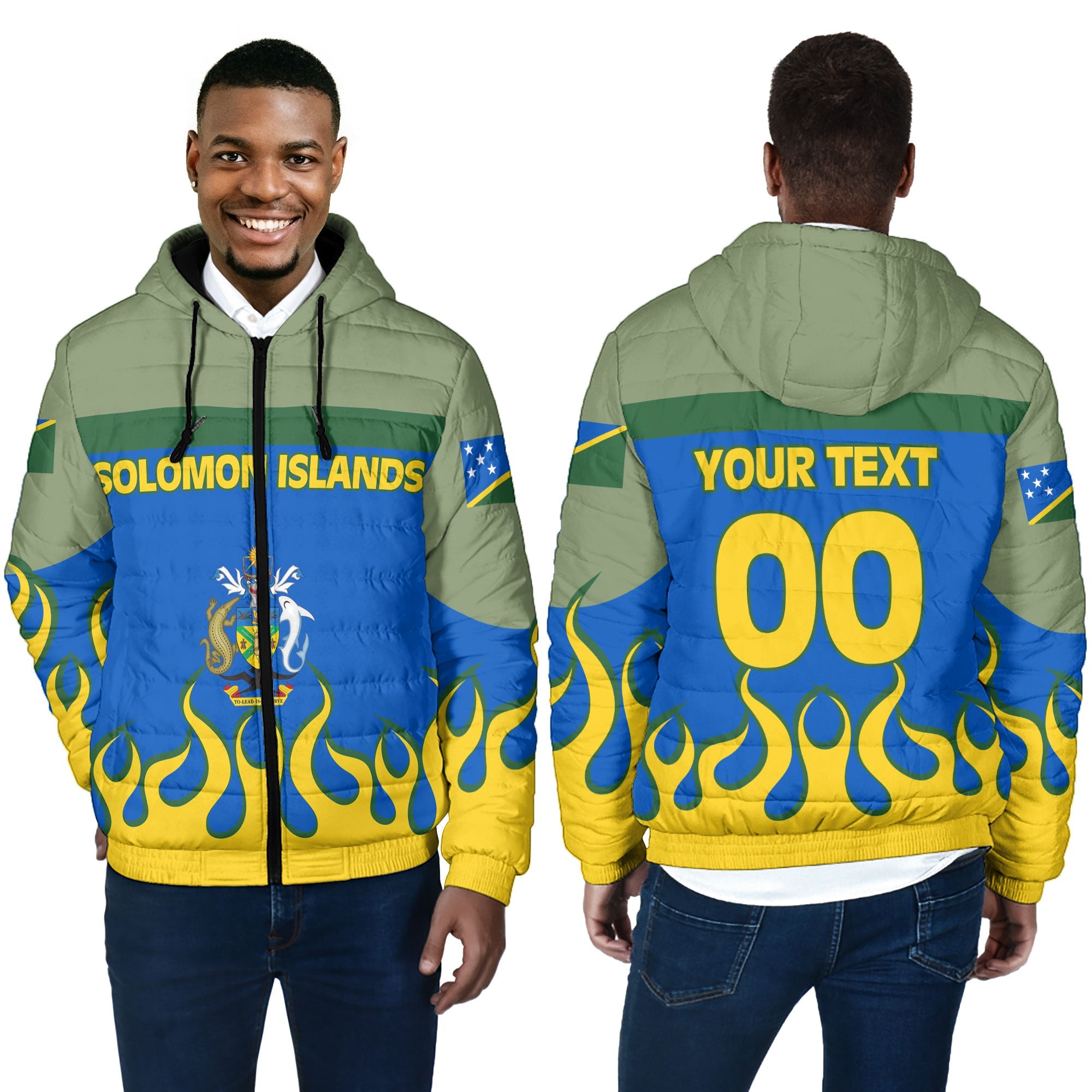 Solomon Islands Men Hooded Padded Jacket Flag & Coat Of Arms Fire Hockey Style