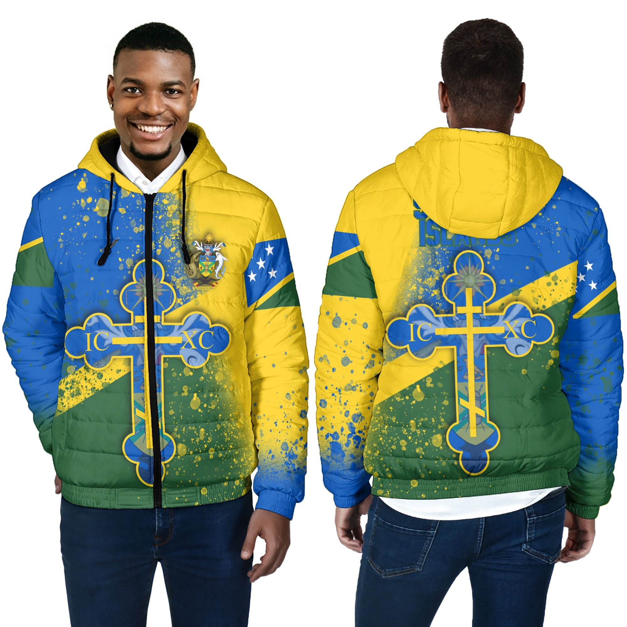 Solomon Islands Men Hooded Padded Jacket Flag & Coat Of Arms Orthodox Style