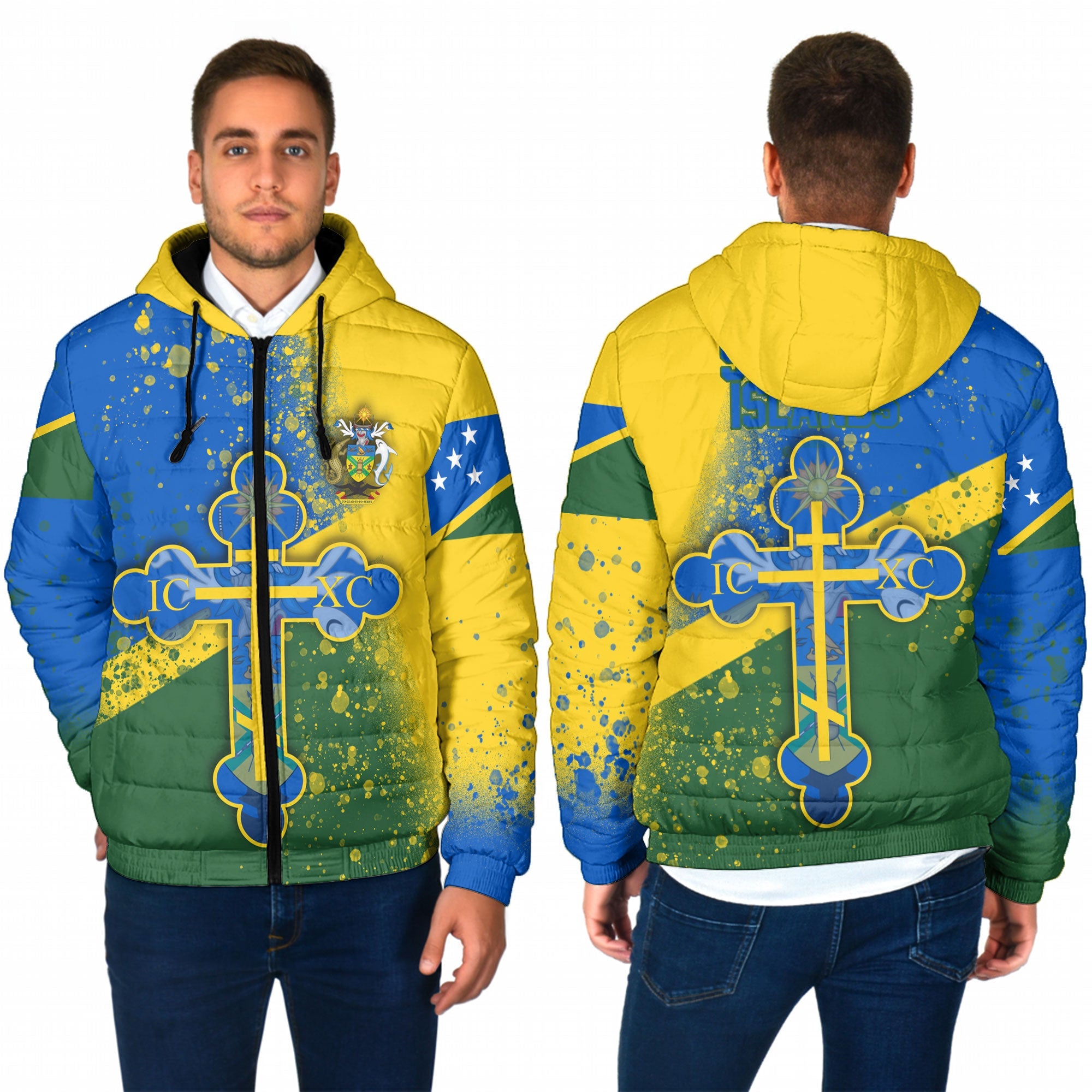 Solomon Islands Men Hooded Padded Jacket Flag & Coat Of Arms Orthodox Style