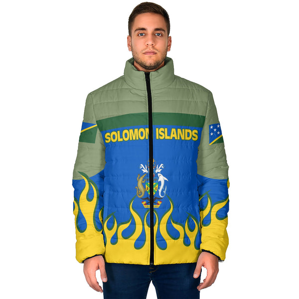 Solomon Islands Men Padded Jacket Flag & Coat Of Arms Fire Hockey Style