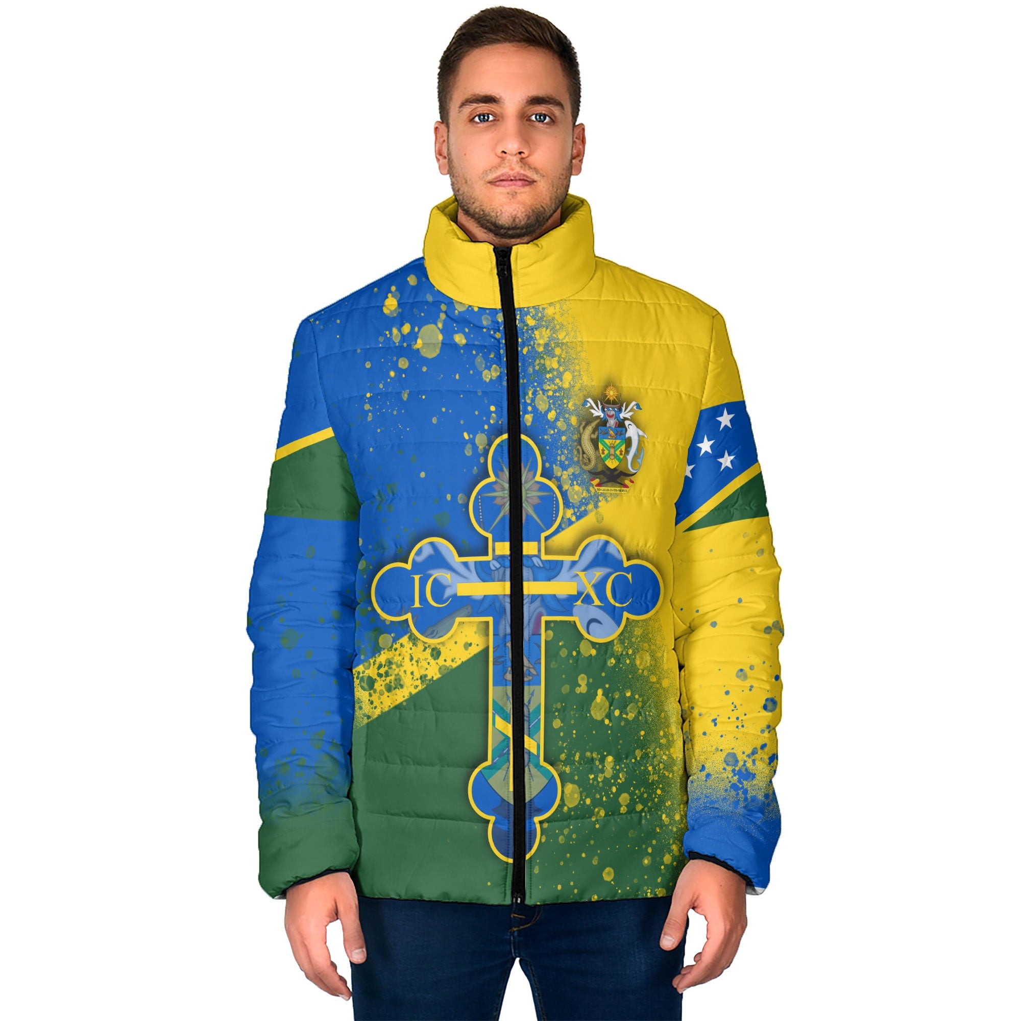 Solomon Islands Men Padded Jacket Flag & Coat Of Arms Orthodox Style