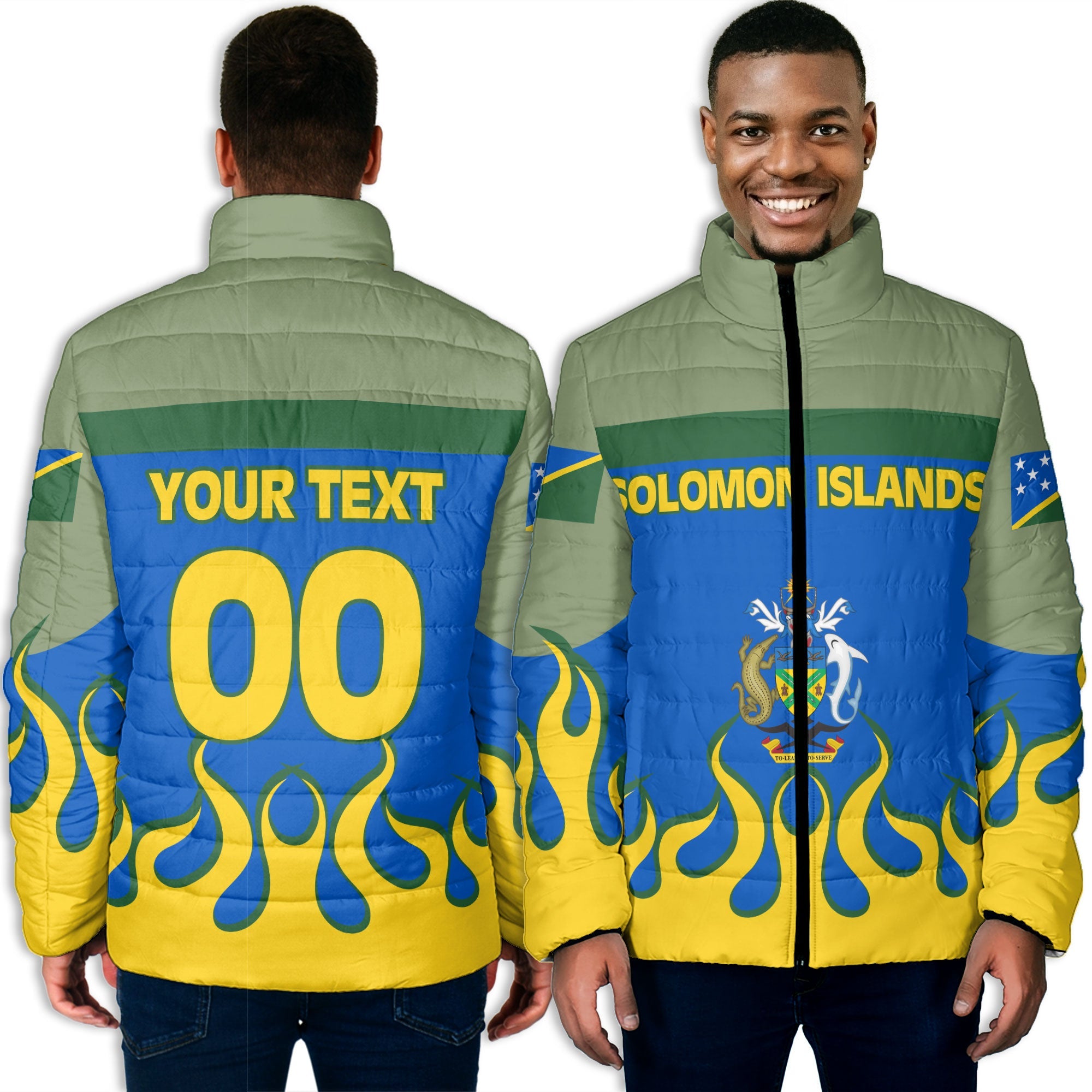 Solomon Islands Men Padded Jacket Flag & Coat Of Arms Fire Hockey Style