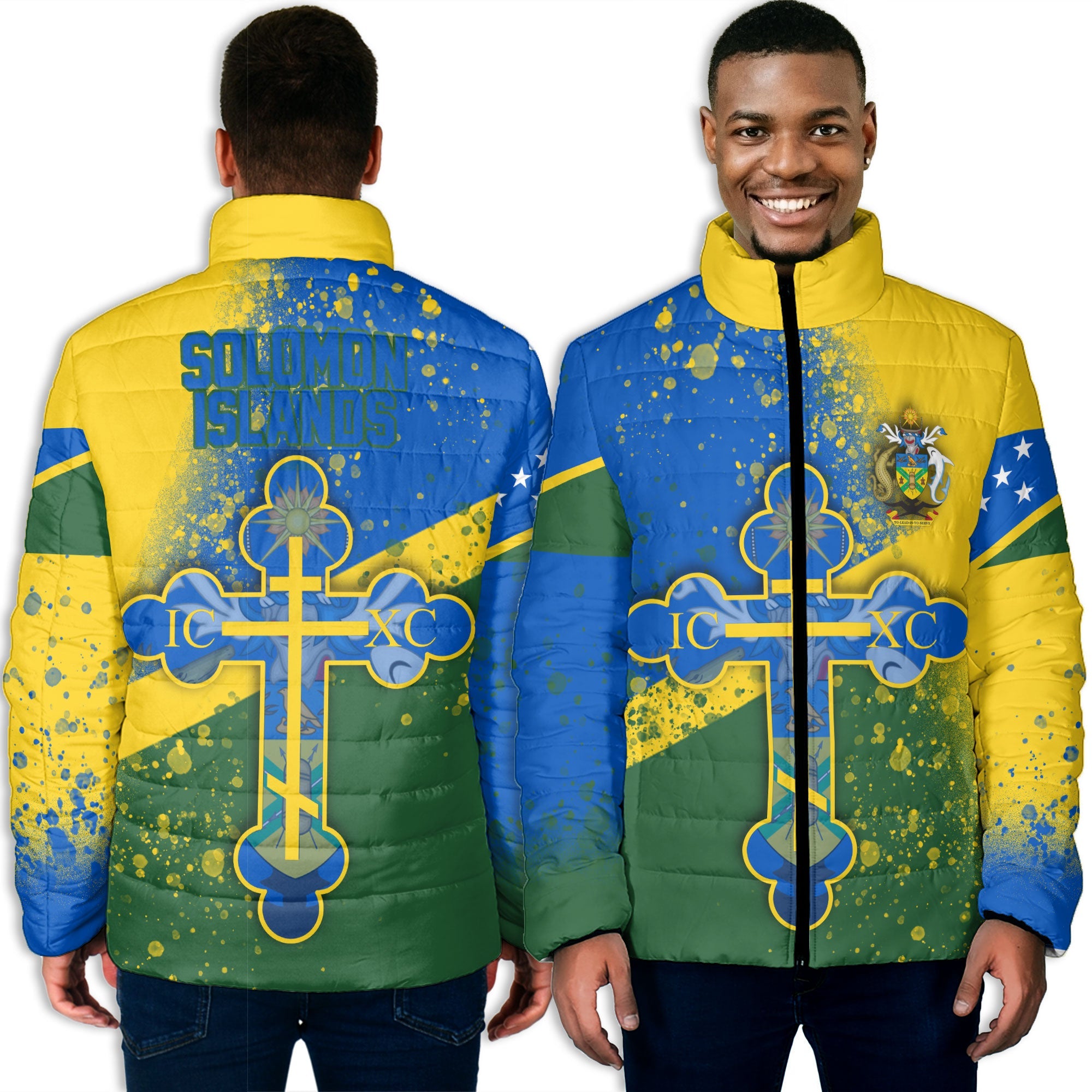 Solomon Islands Men Padded Jacket Flag & Coat Of Arms Orthodox Style