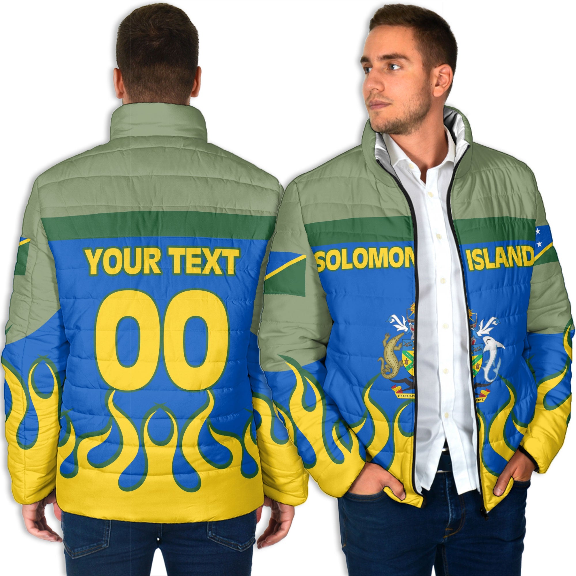 Solomon Islands Men Padded Jacket Flag & Coat Of Arms Fire Hockey Style