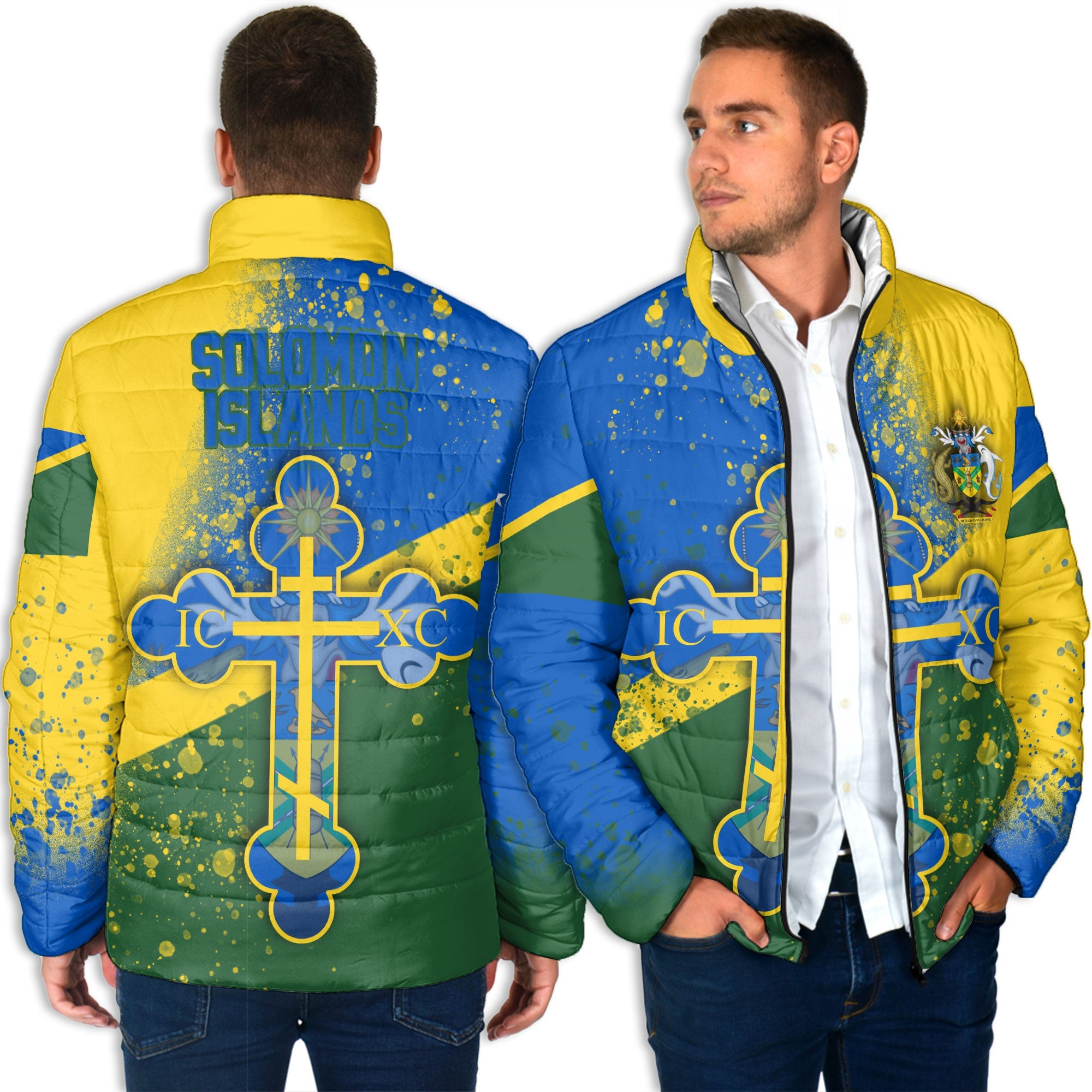 Solomon Islands Men Padded Jacket Flag & Coat Of Arms Orthodox Style