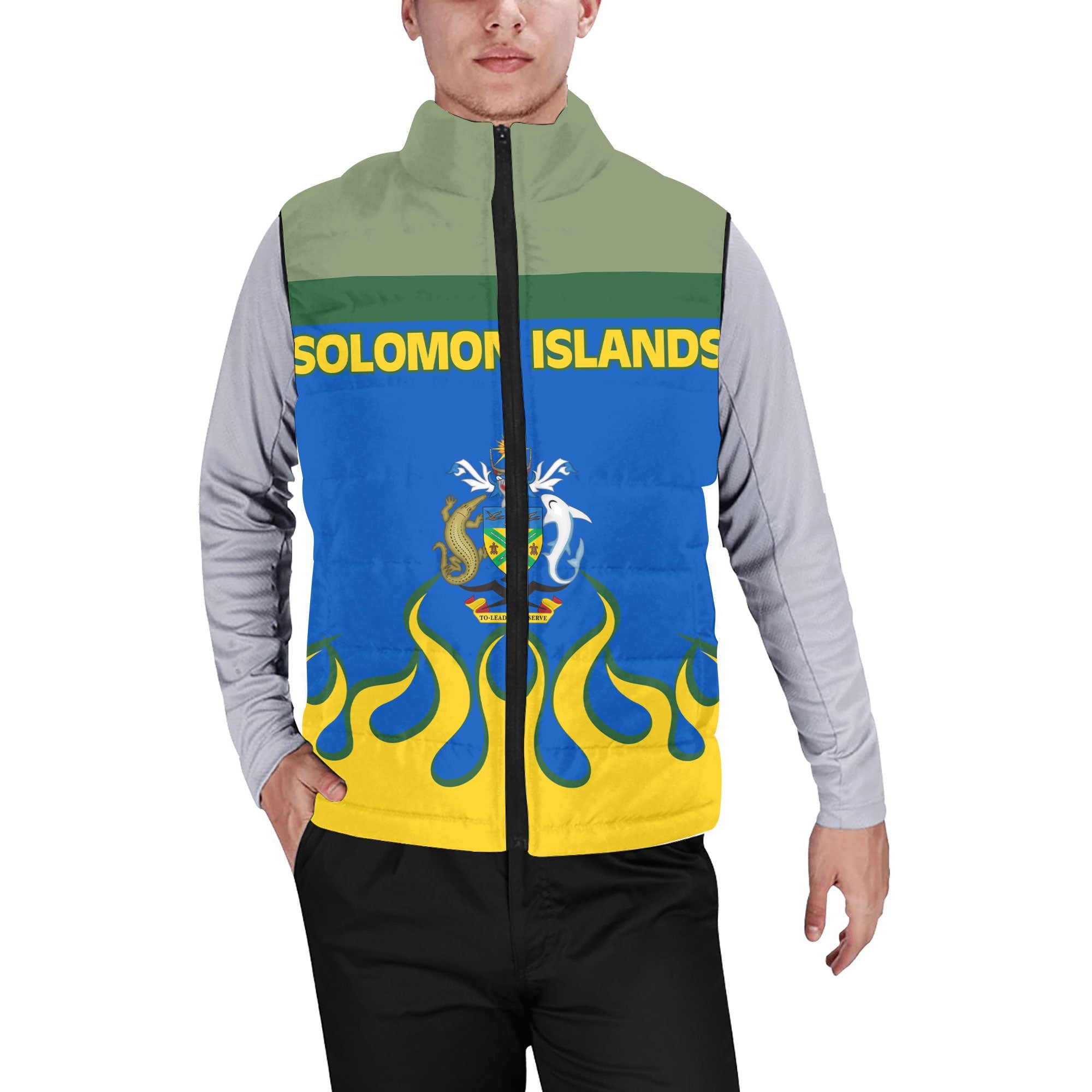 Solomon Islands Men Padded Jacket Vest Flag & Coat Of Arms Fire Hockey Style