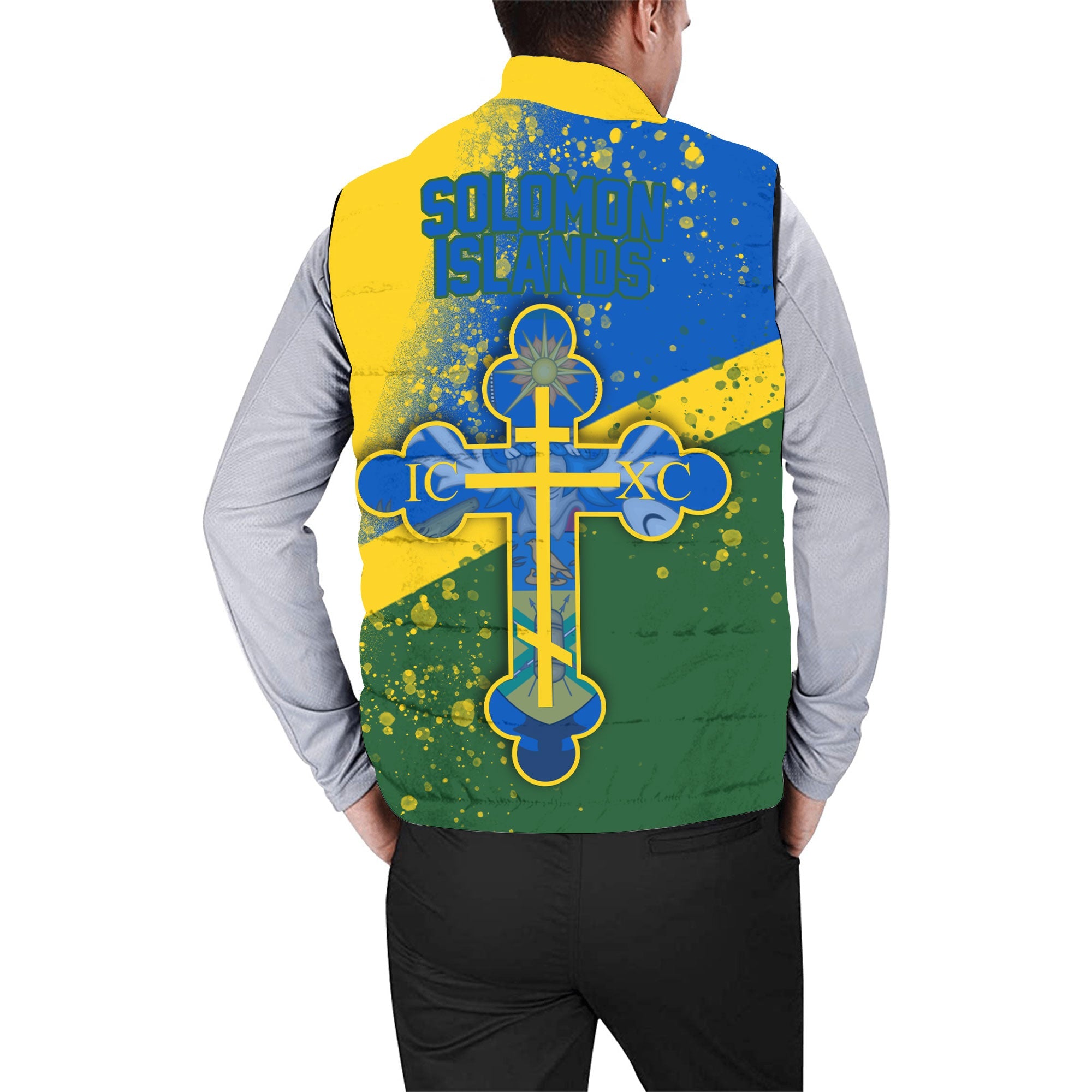 Solomon Islands Men Padded Jacket Vest Flag & Coat Of Arms Orthodox Style