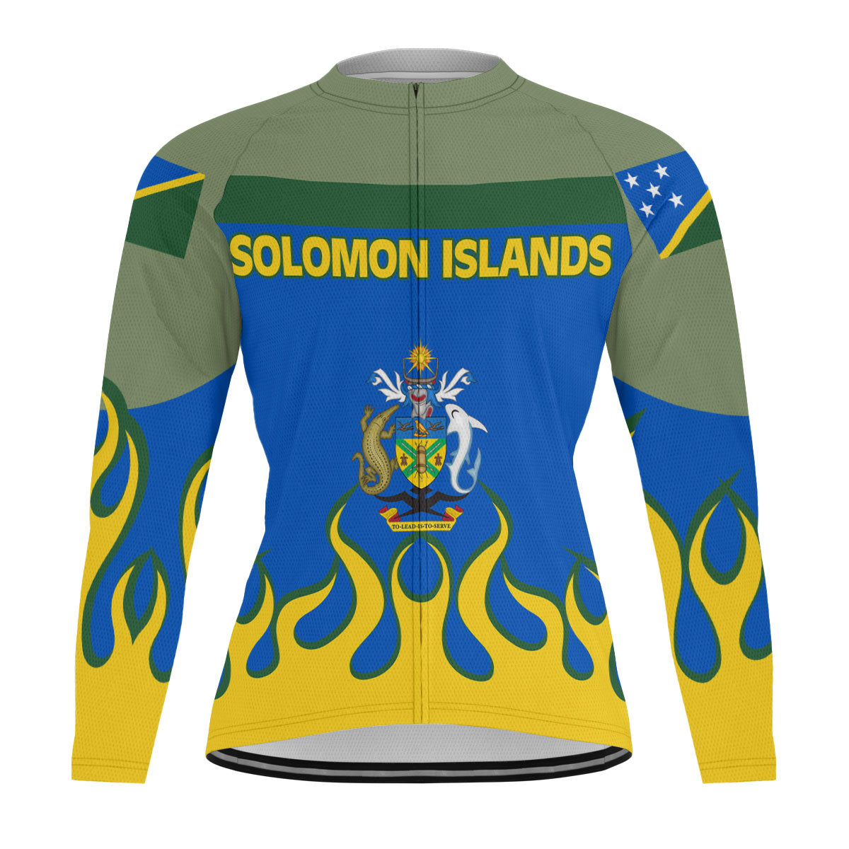 Solomon Islands Men's Cycling Jersey Long Sleeve Flag & Coat Of Arms Fire Hockey Style