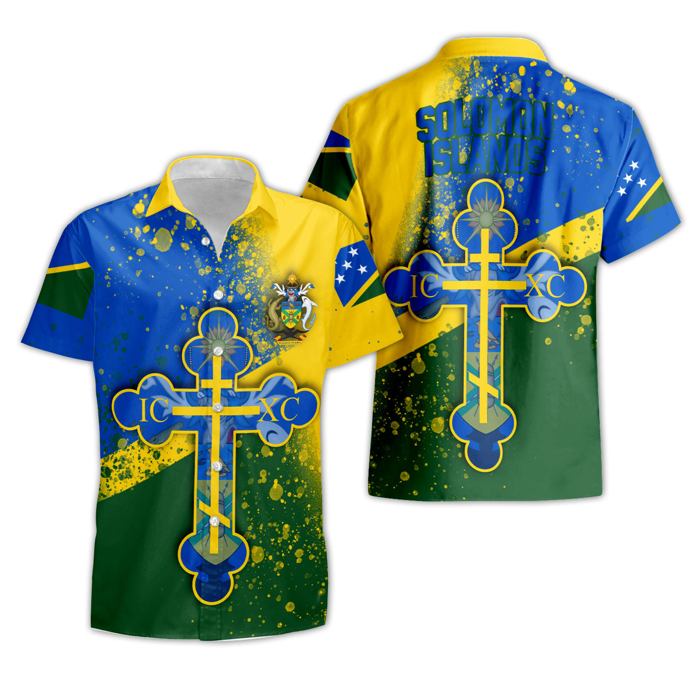 Solomon Islands Short Sleeve Shirt Flag & Coat Of Arms Orthodox Style