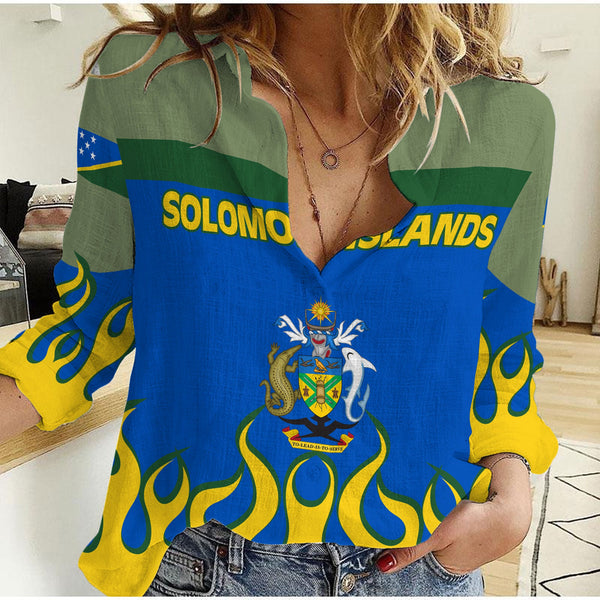 Solomon Islands Women Casual Shirt Flag & Coat Of Arms Fire Hockey Style