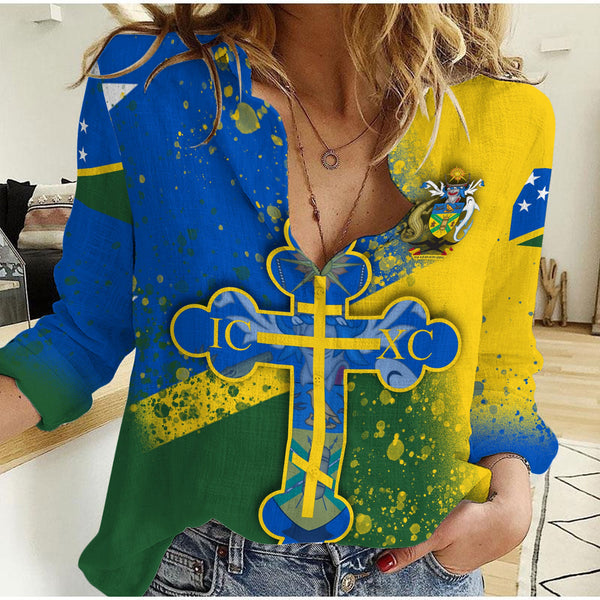 Solomon Islands Women Casual Shirt Flag & Coat Of Arms Orthodox Style