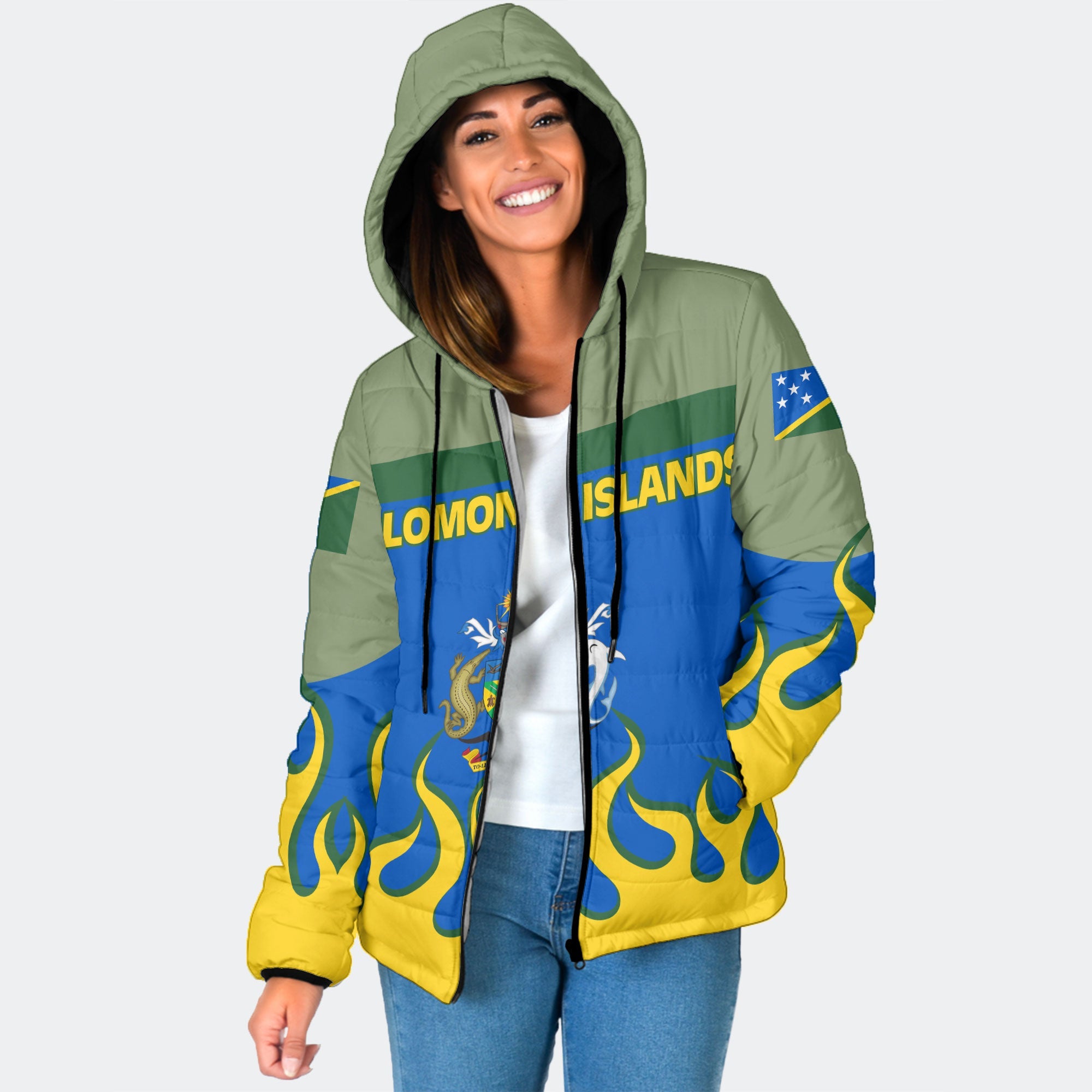 Solomon Islands Women Hooded Padded Jacket Flag & Coat Of Arms Fire Hockey Style