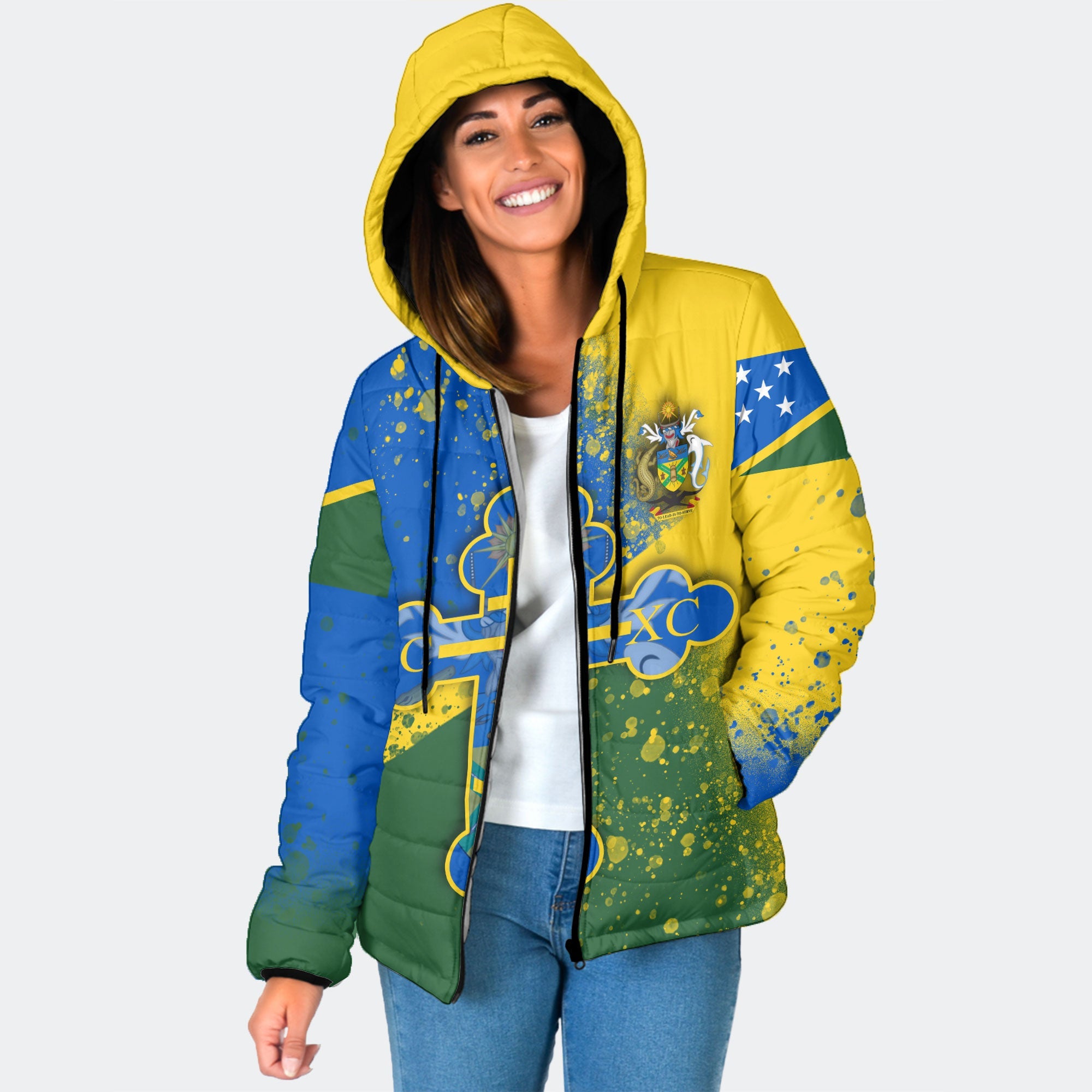 Solomon Islands Women Hooded Padded Jacket Flag & Coat Of Arms Orthodox Style