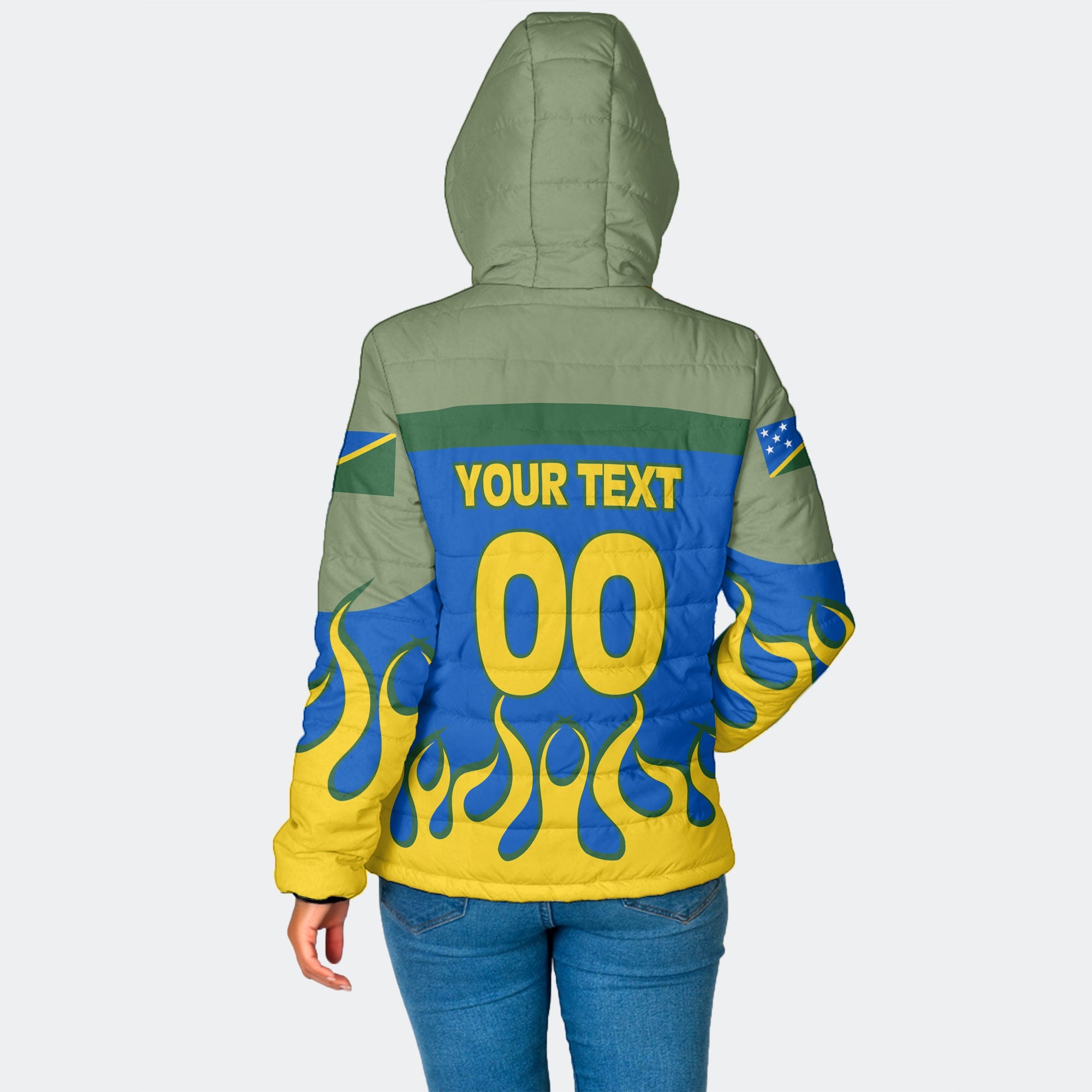 Solomon Islands Women Hooded Padded Jacket Flag & Coat Of Arms Fire Hockey Style