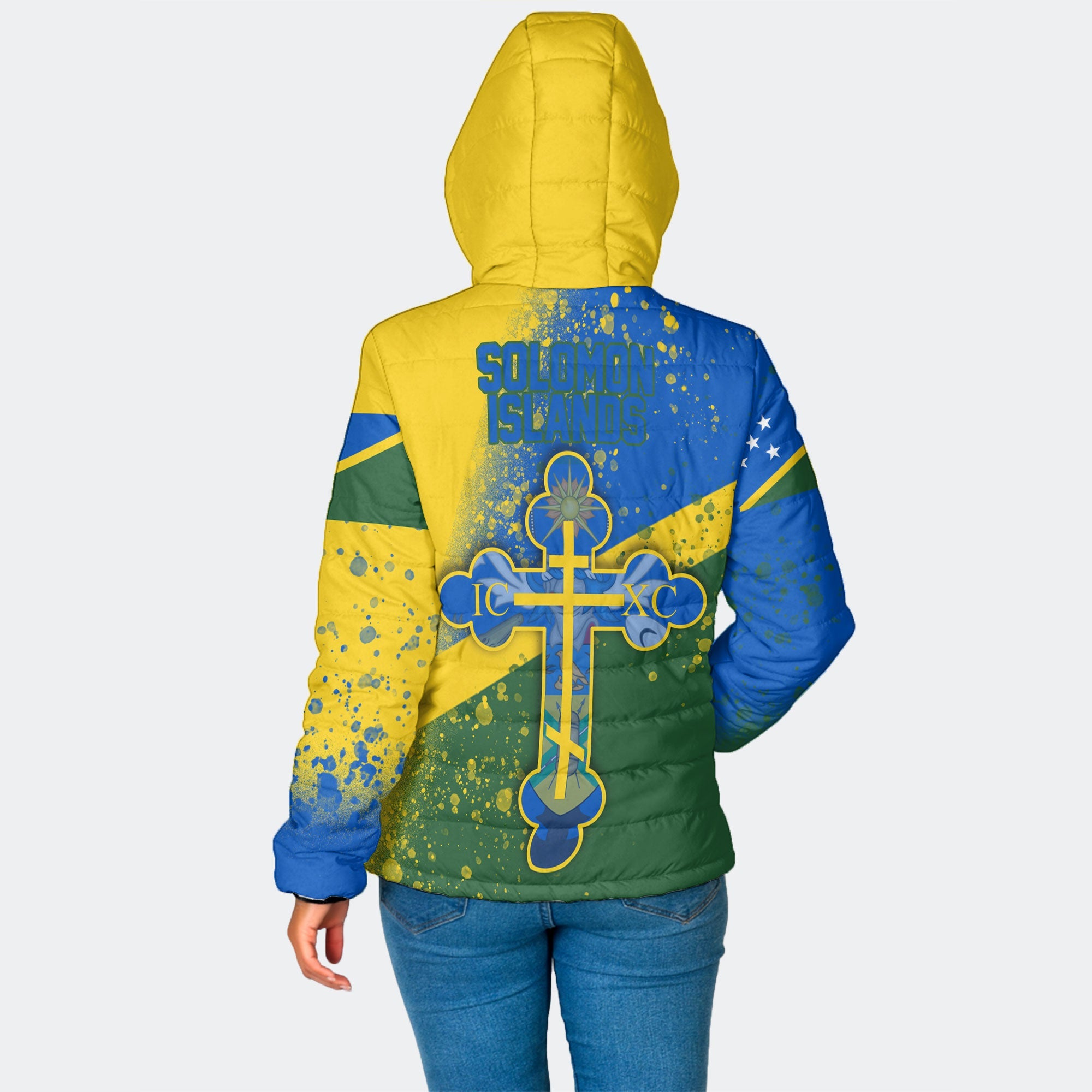 Solomon Islands Women Hooded Padded Jacket Flag & Coat Of Arms Orthodox Style