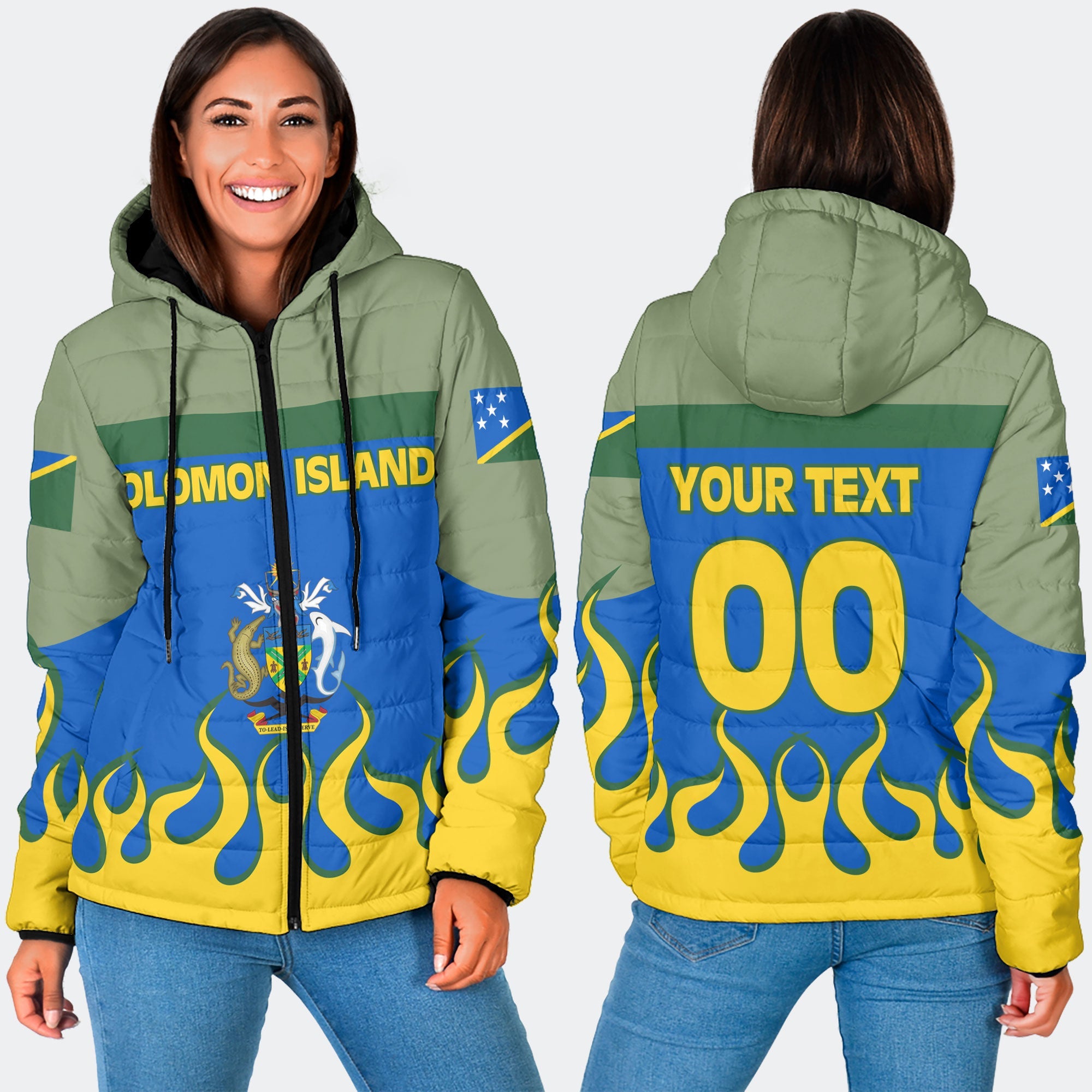 Solomon Islands Women Hooded Padded Jacket Flag & Coat Of Arms Fire Hockey Style