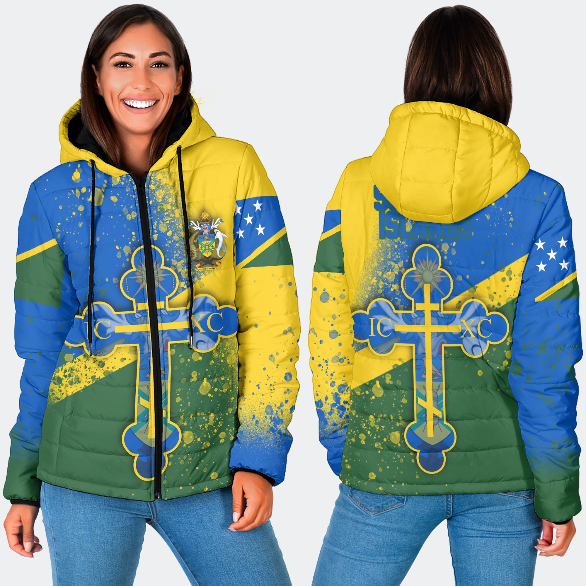 Solomon Islands Women Hooded Padded Jacket Flag & Coat Of Arms Orthodox Style