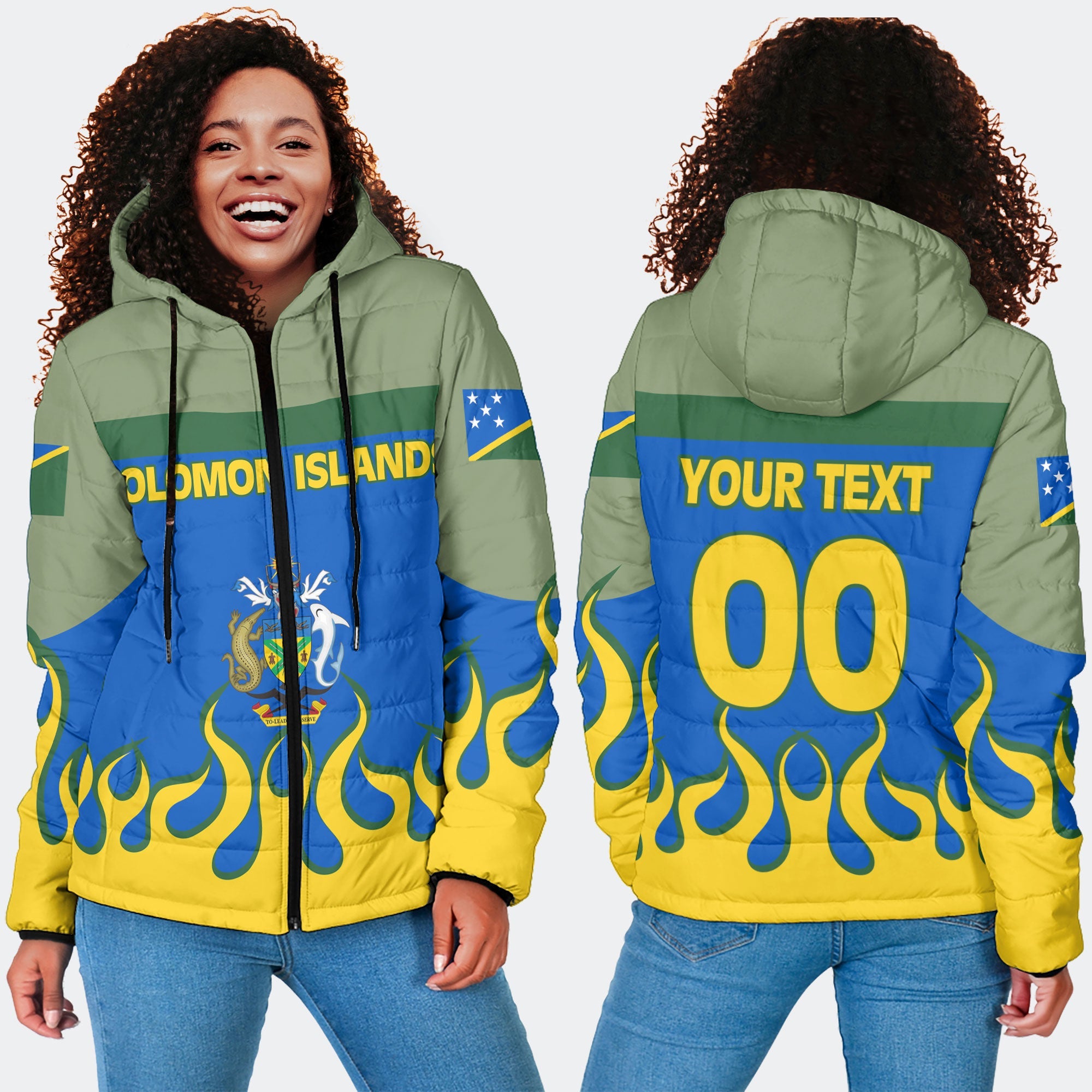 Solomon Islands Women Hooded Padded Jacket Flag & Coat Of Arms Fire Hockey Style