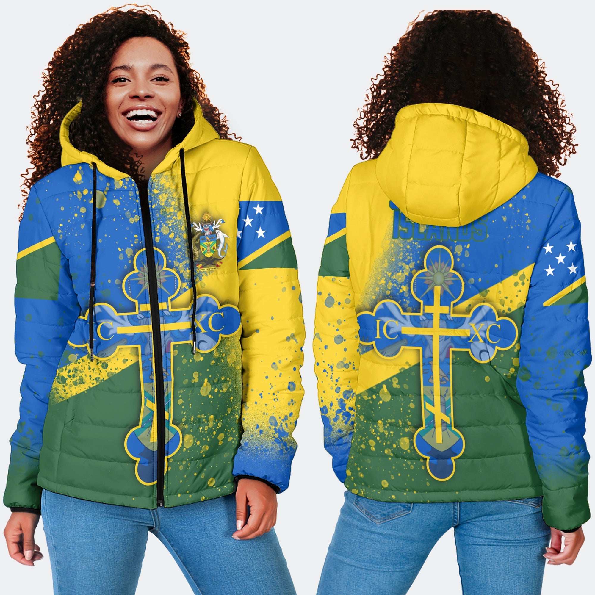 Solomon Islands Women Hooded Padded Jacket Flag & Coat Of Arms Orthodox Style