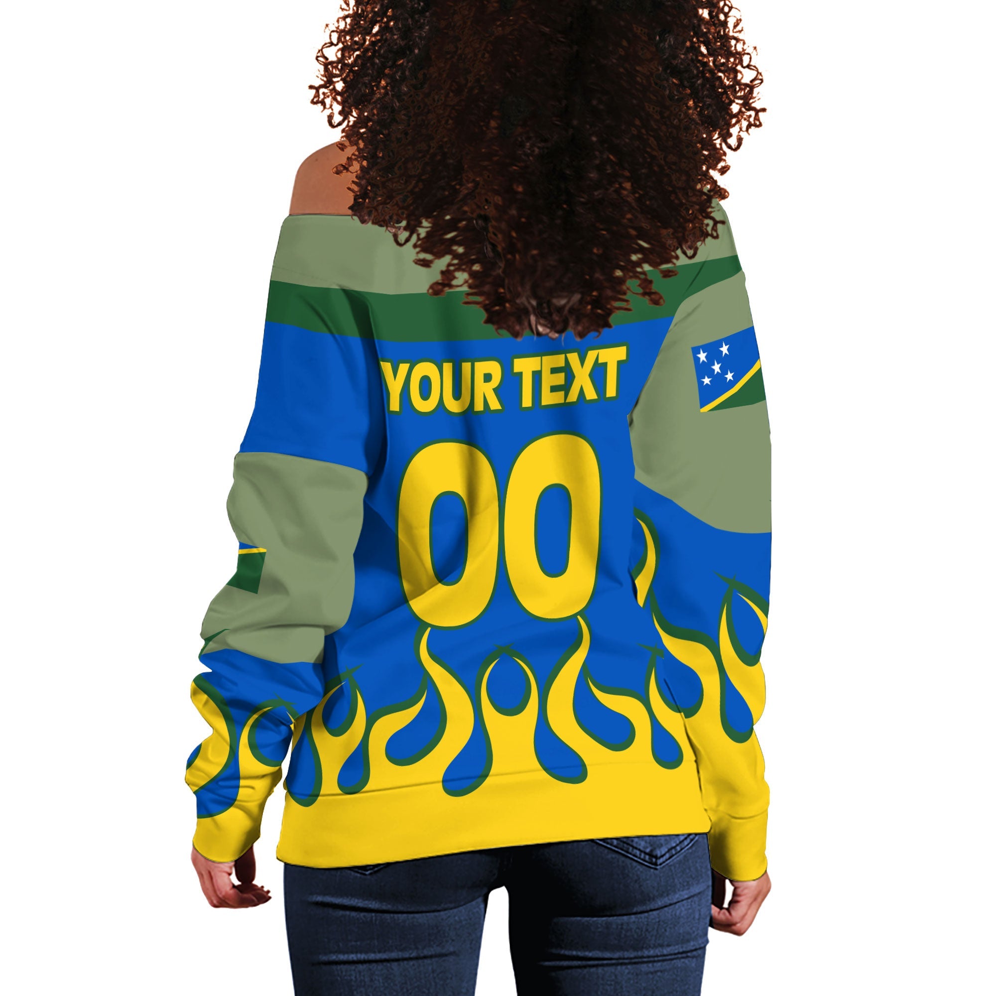 Solomon Islands Women Off Shoulder Sweatshirt Flag & Coat Of Arms Fire Hockey Style