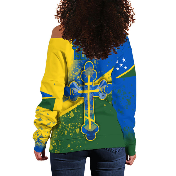 Solomon Islands Women Off Shoulder Sweatshirt Flag & Coat Of Arms Orthodox Style