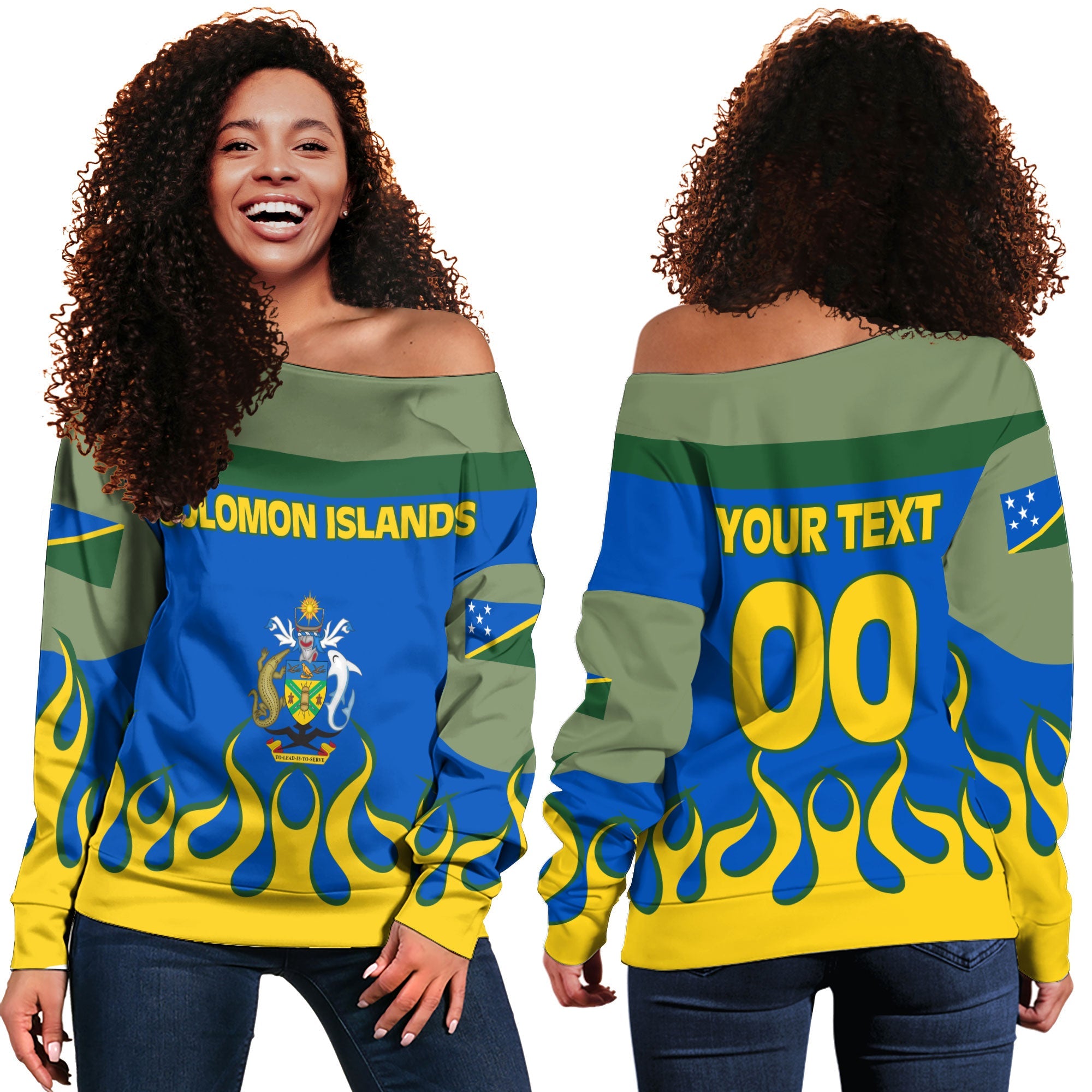 Solomon Islands Women Off Shoulder Sweatshirt Flag & Coat Of Arms Fire Hockey Style