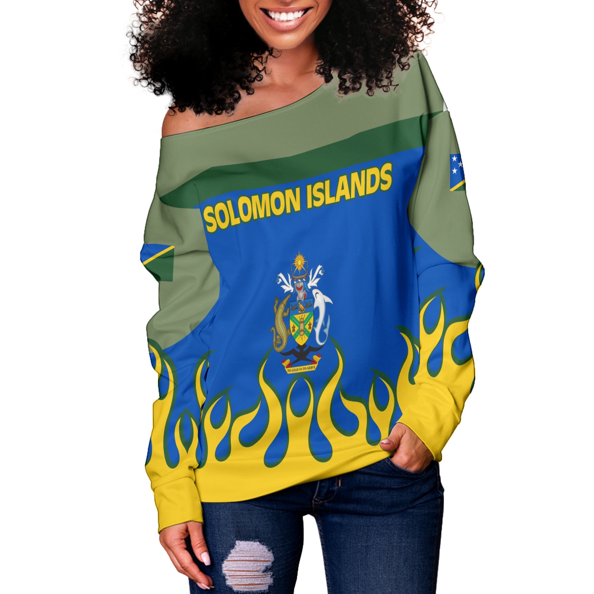 Solomon Islands Women Off Shoulder Sweatshirt Flag & Coat Of Arms Fire Hockey Style