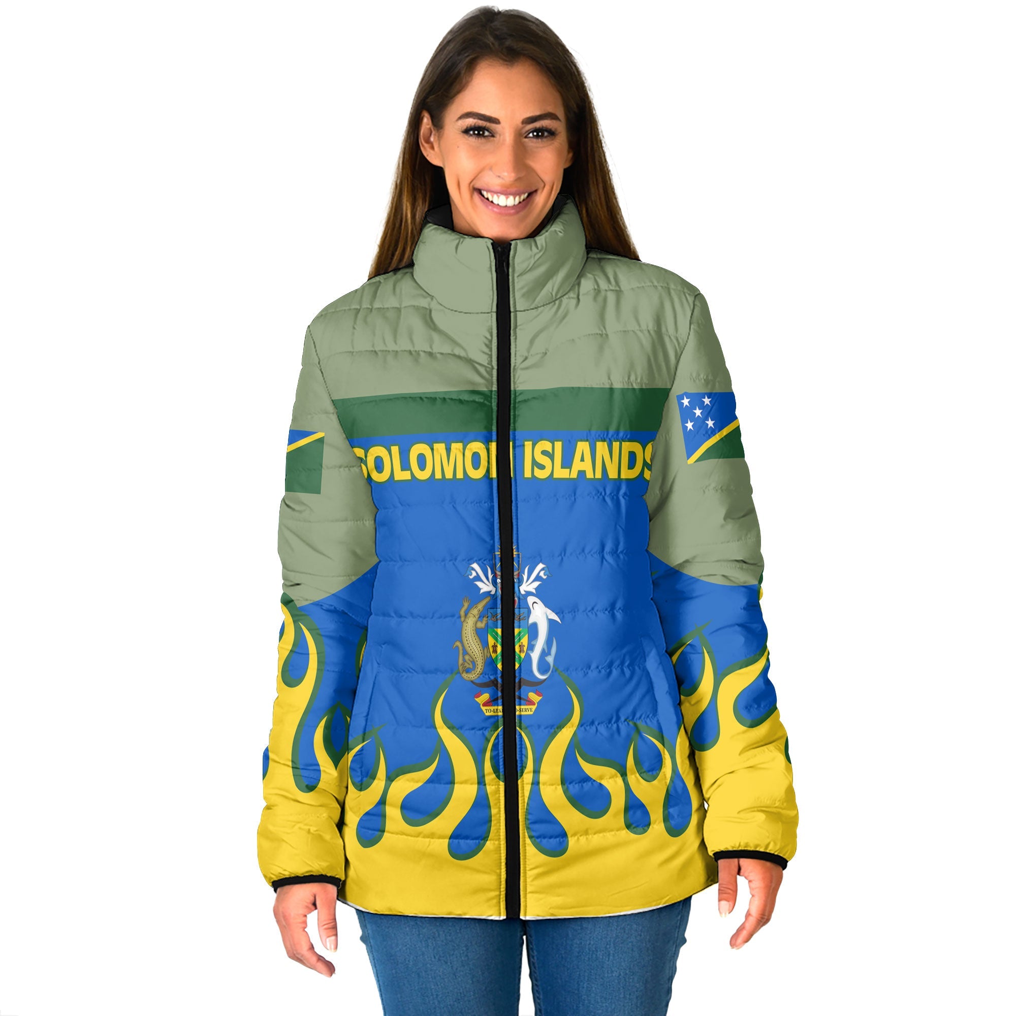 Solomon Islands Women Padded Jacket Flag & Coat Of Arms Fire Hockey Style