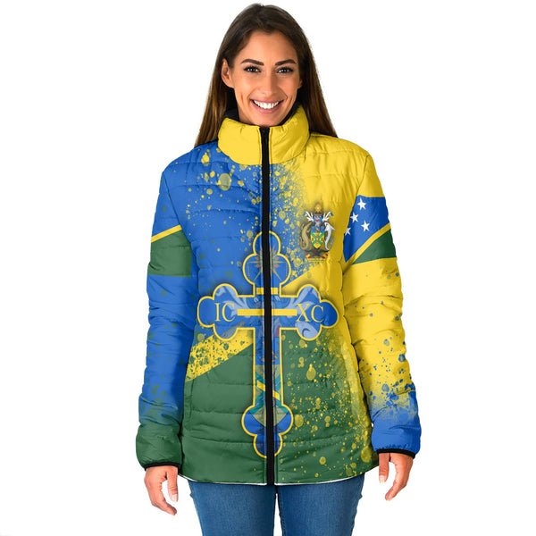 Solomon Islands Women Padded Jacket Flag & Coat Of Arms Orthodox Style