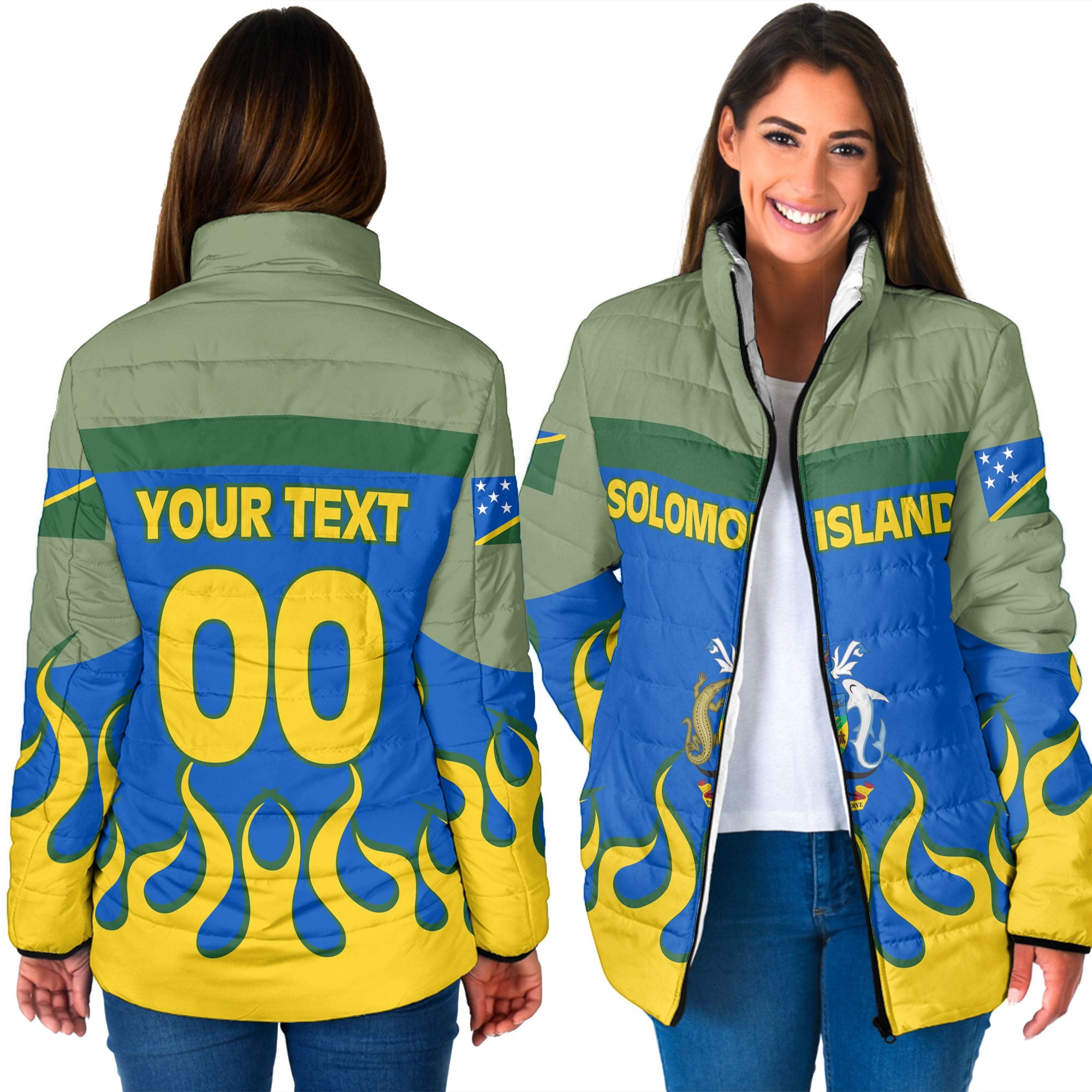 Solomon Islands Women Padded Jacket Flag & Coat Of Arms Fire Hockey Style