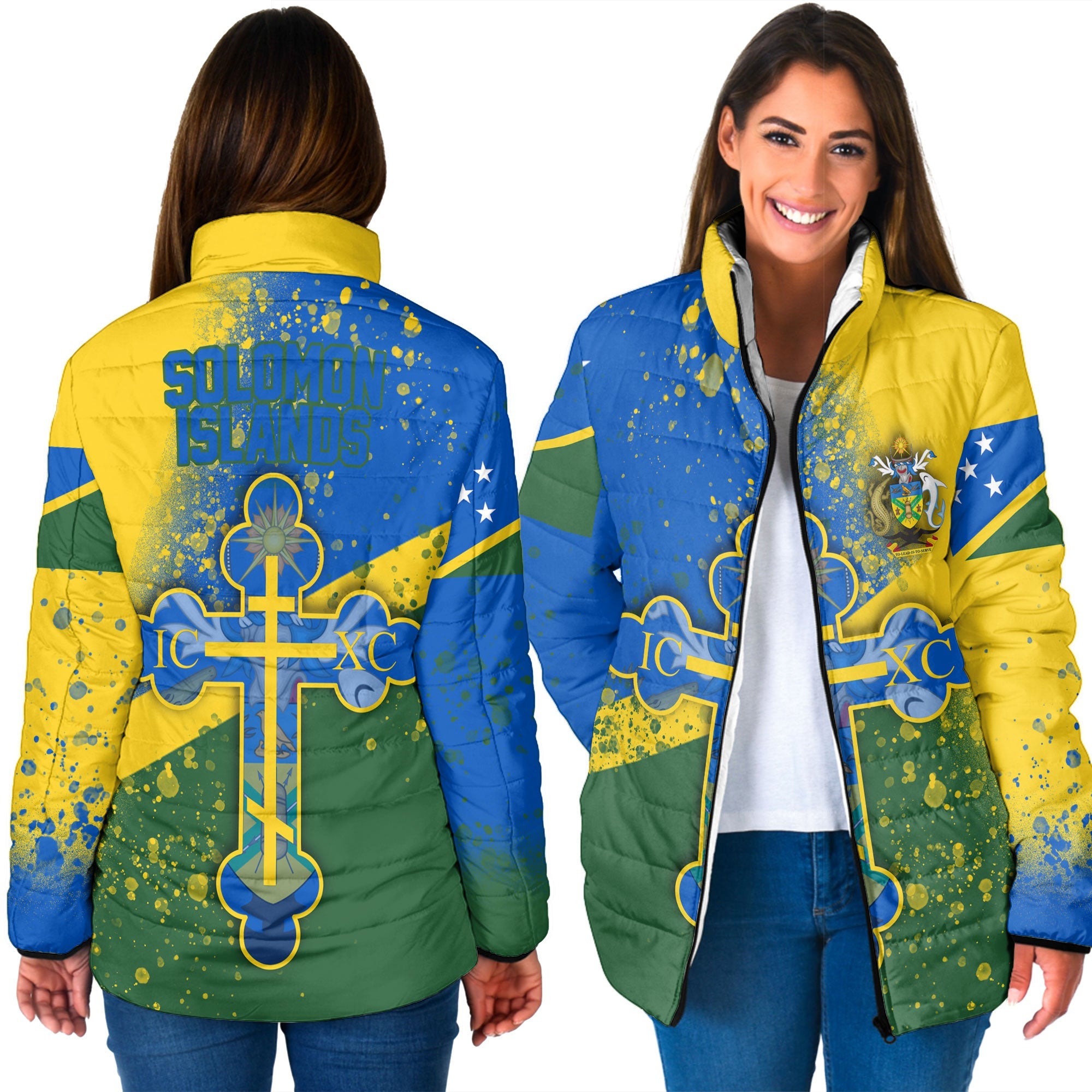 Solomon Islands Women Padded Jacket Flag & Coat Of Arms Orthodox Style