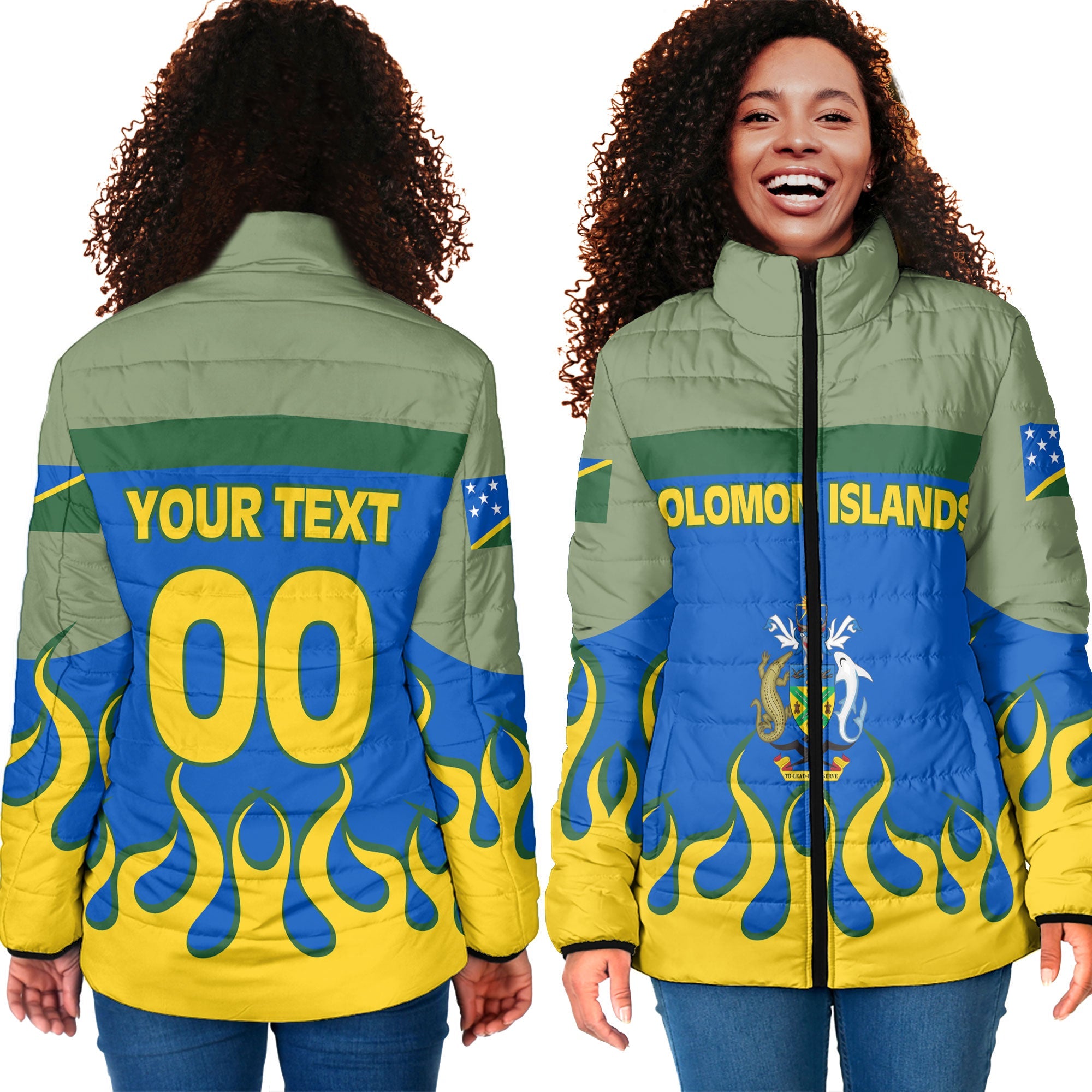 Solomon Islands Women Padded Jacket Flag & Coat Of Arms Fire Hockey Style