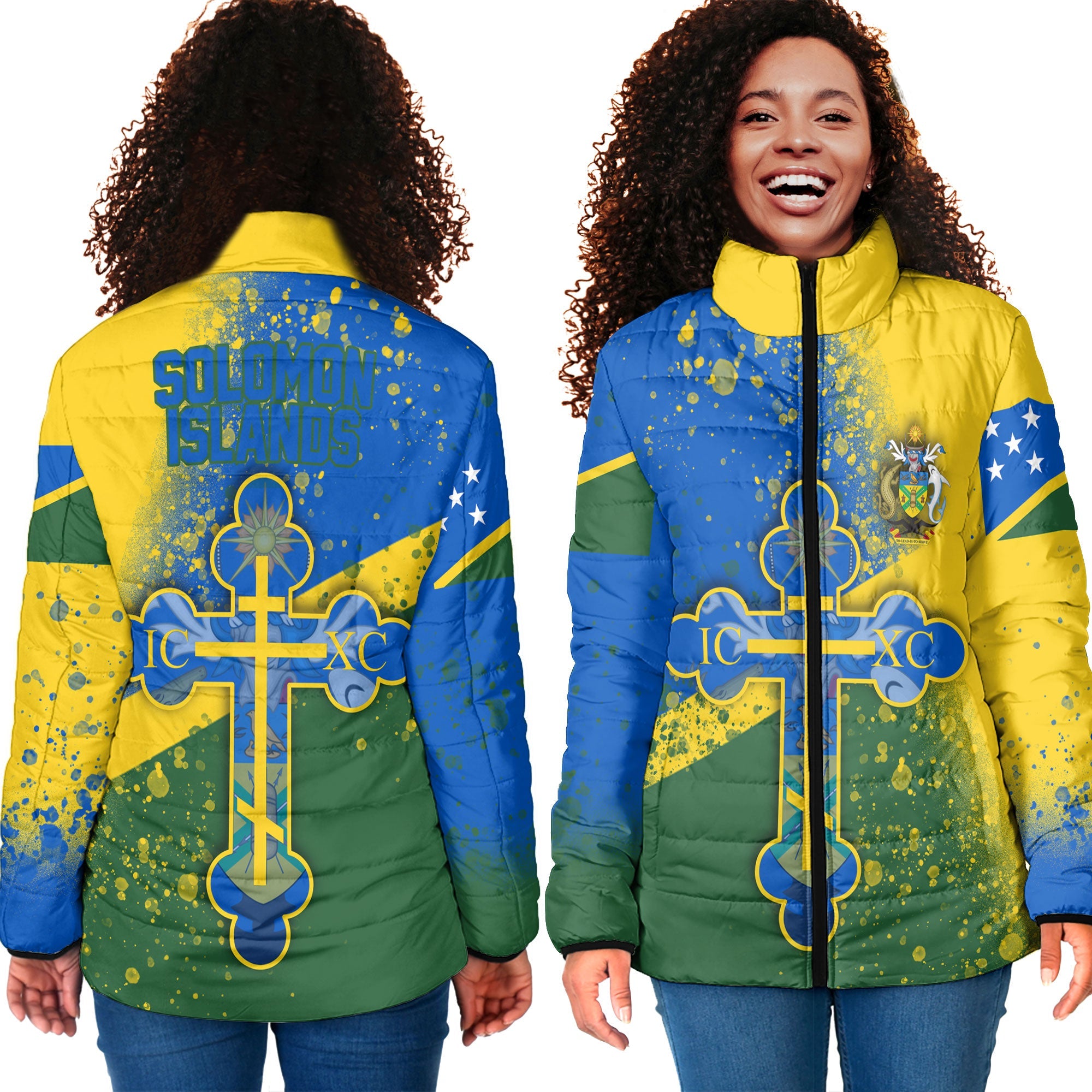 Solomon Islands Women Padded Jacket Flag & Coat Of Arms Orthodox Style